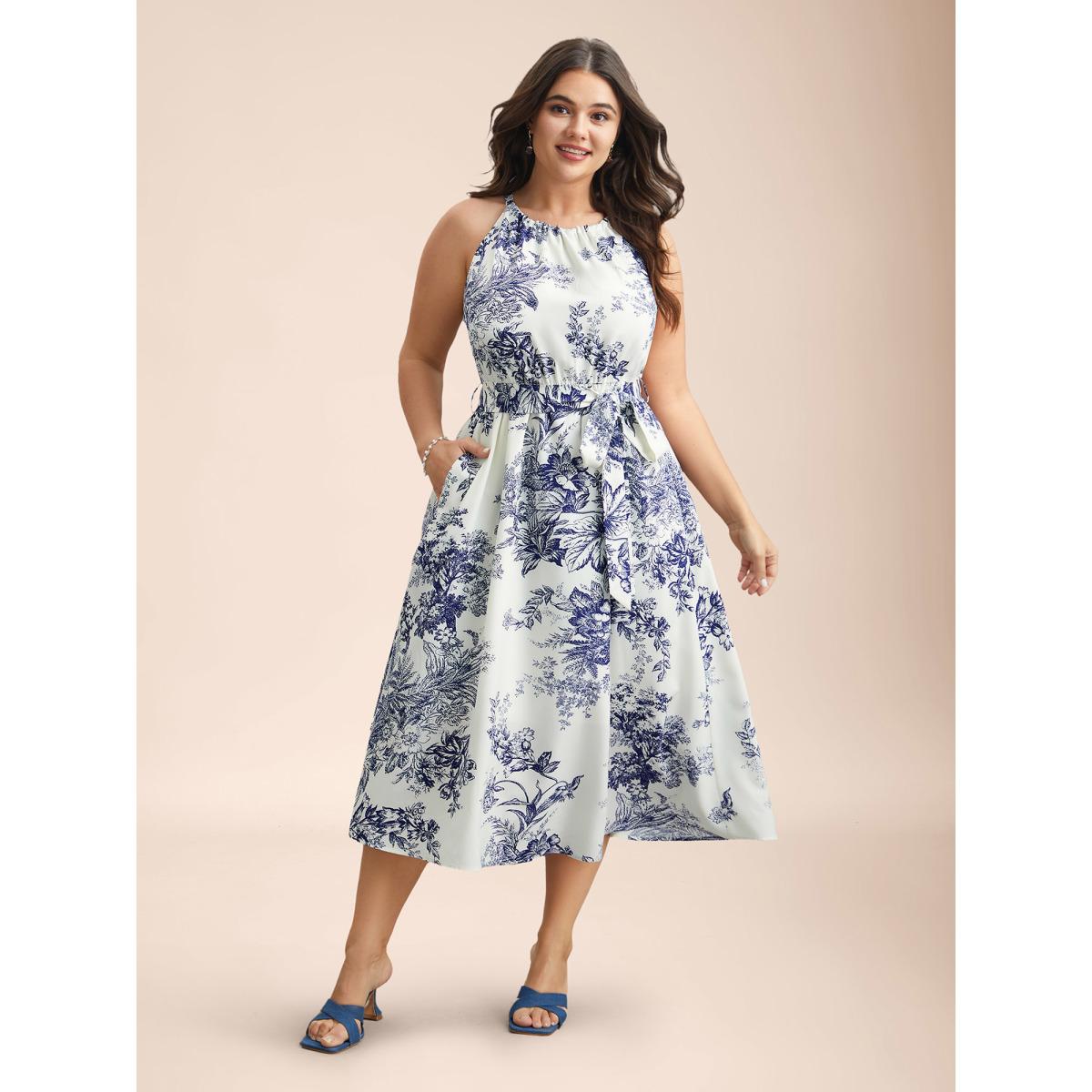 Plus Size Spring Time Florals Sleeveless Midi Dress WhiteSmoke Women Romantic Gathered Halter neck Sleeveless Curvy BloomChic 18-20/2X Product Image
