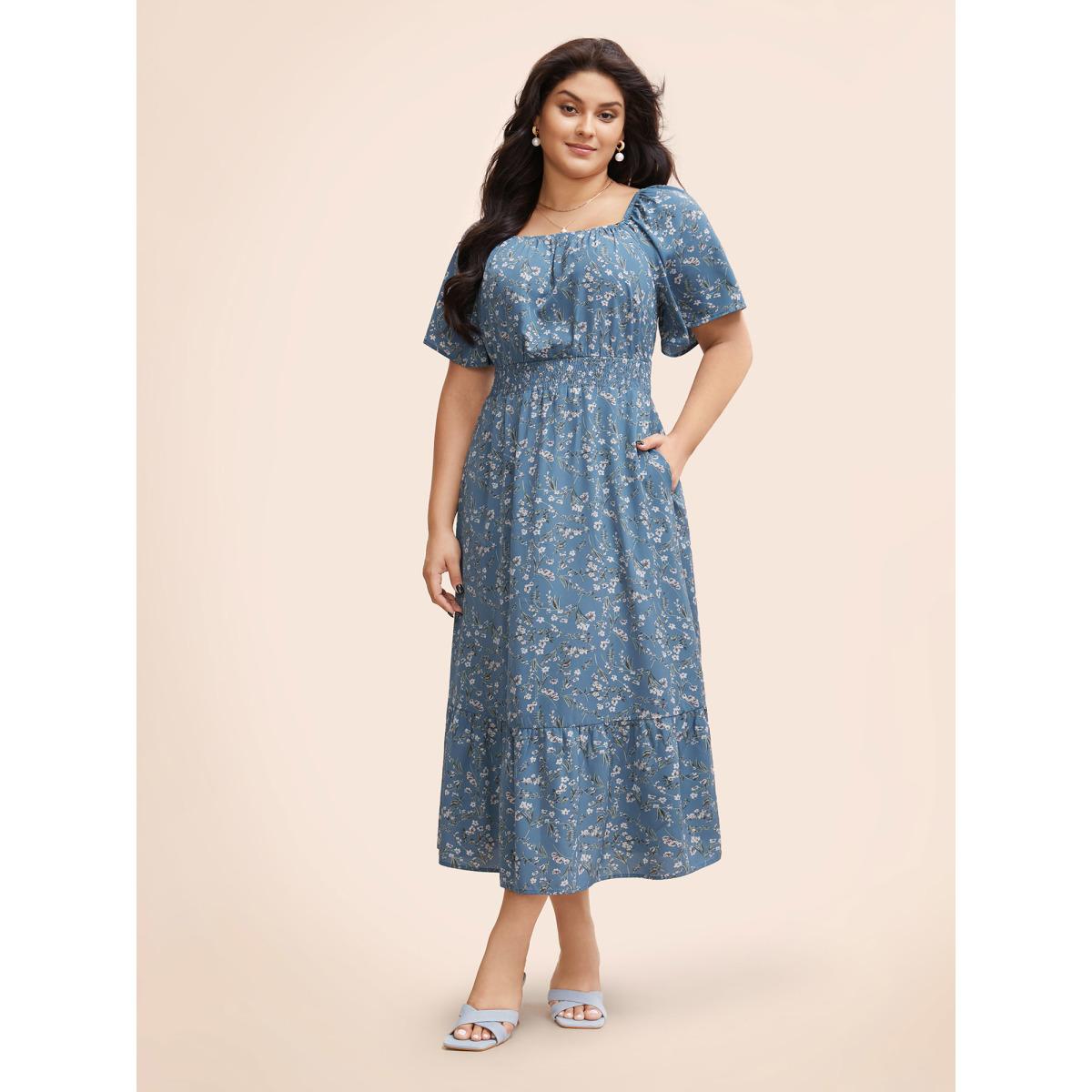 Plus Size Ditsy Floral Pocket Square Neck Shirred Ruffles Dress Stone Women Elegant Non Square Neck Short sleeve Curvy Midi Dress BloomChic 30/6X Product Image