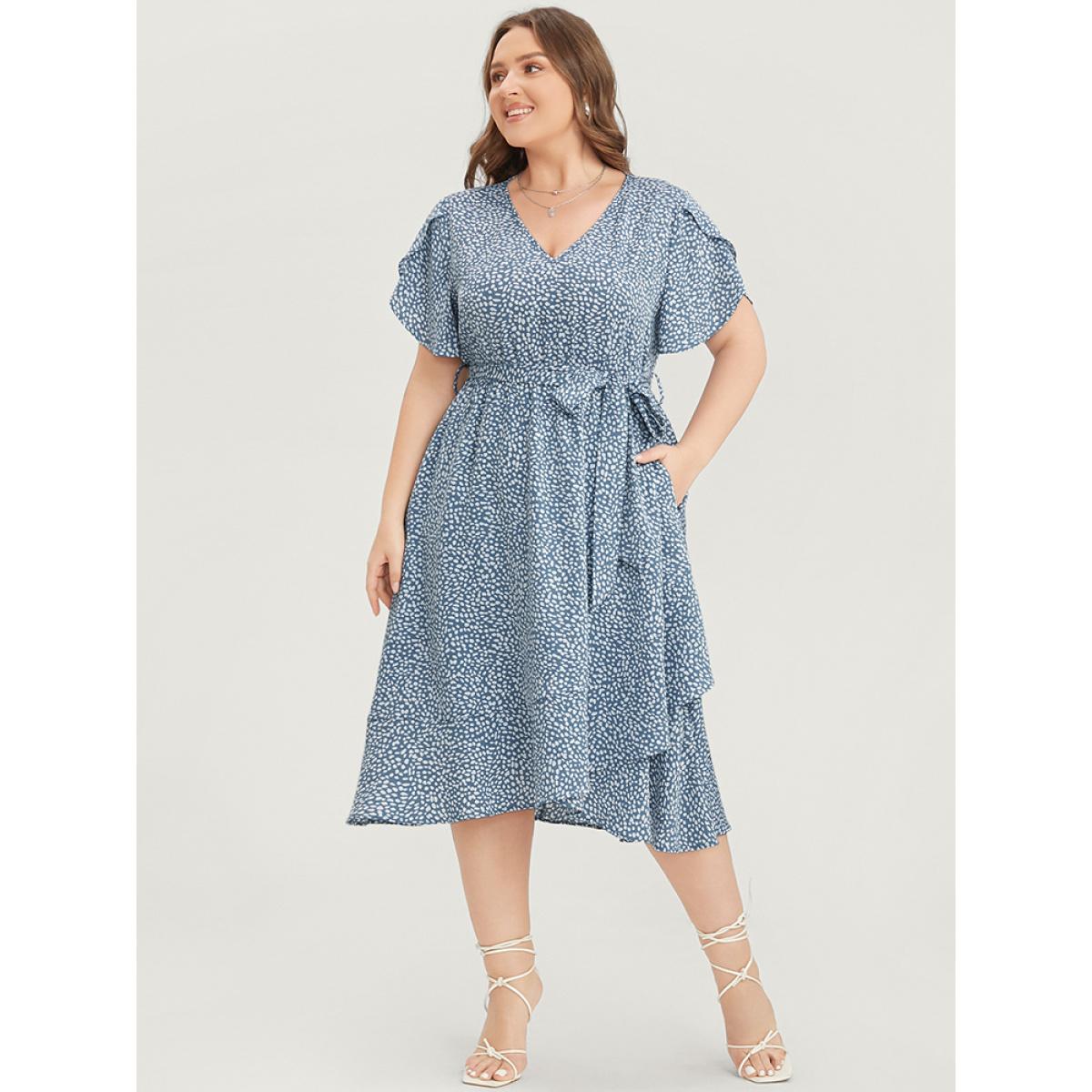 Plus Size Polka Dot Split Sleeve Ruffle Pocket Belted Asymmetrical Hem Dress LightBlue Women Elegant Cross straps V-neck Short sleeve Curvy Midi Dress BloomChic 30/6X Product Image