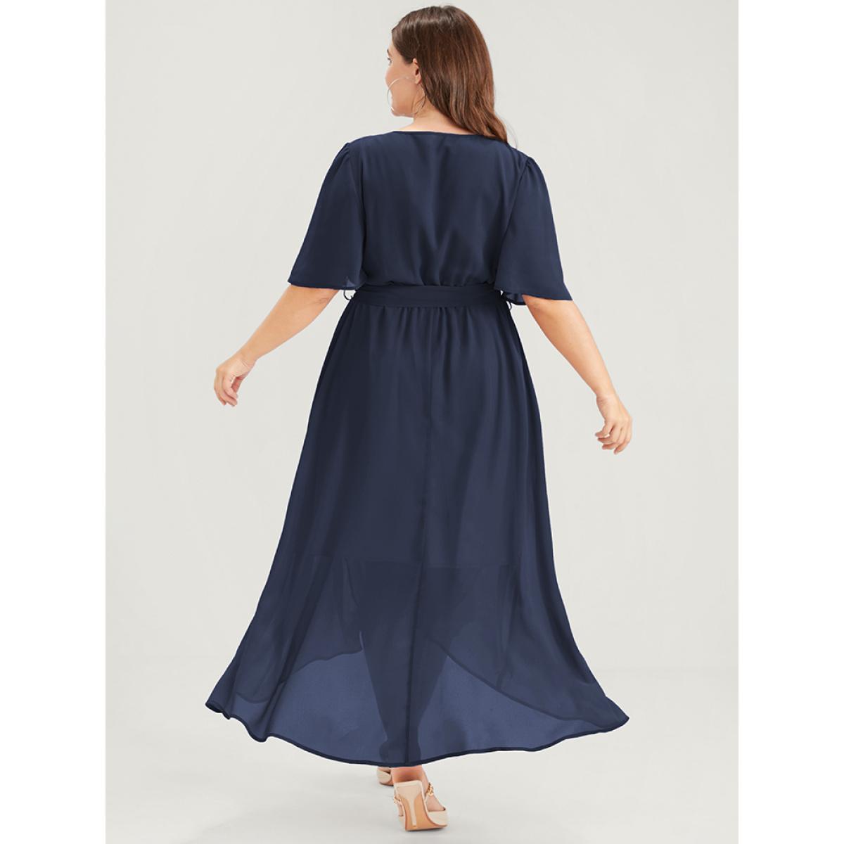 Plus Size Solid Keyhole Neck Ruffle Asymmetrical Hem Belted Maxi Dress Navy Women Casual Elastic Waist Round Neck Half Sleeve Curvy Long Dress BloomChic 22-24/3X Product Image