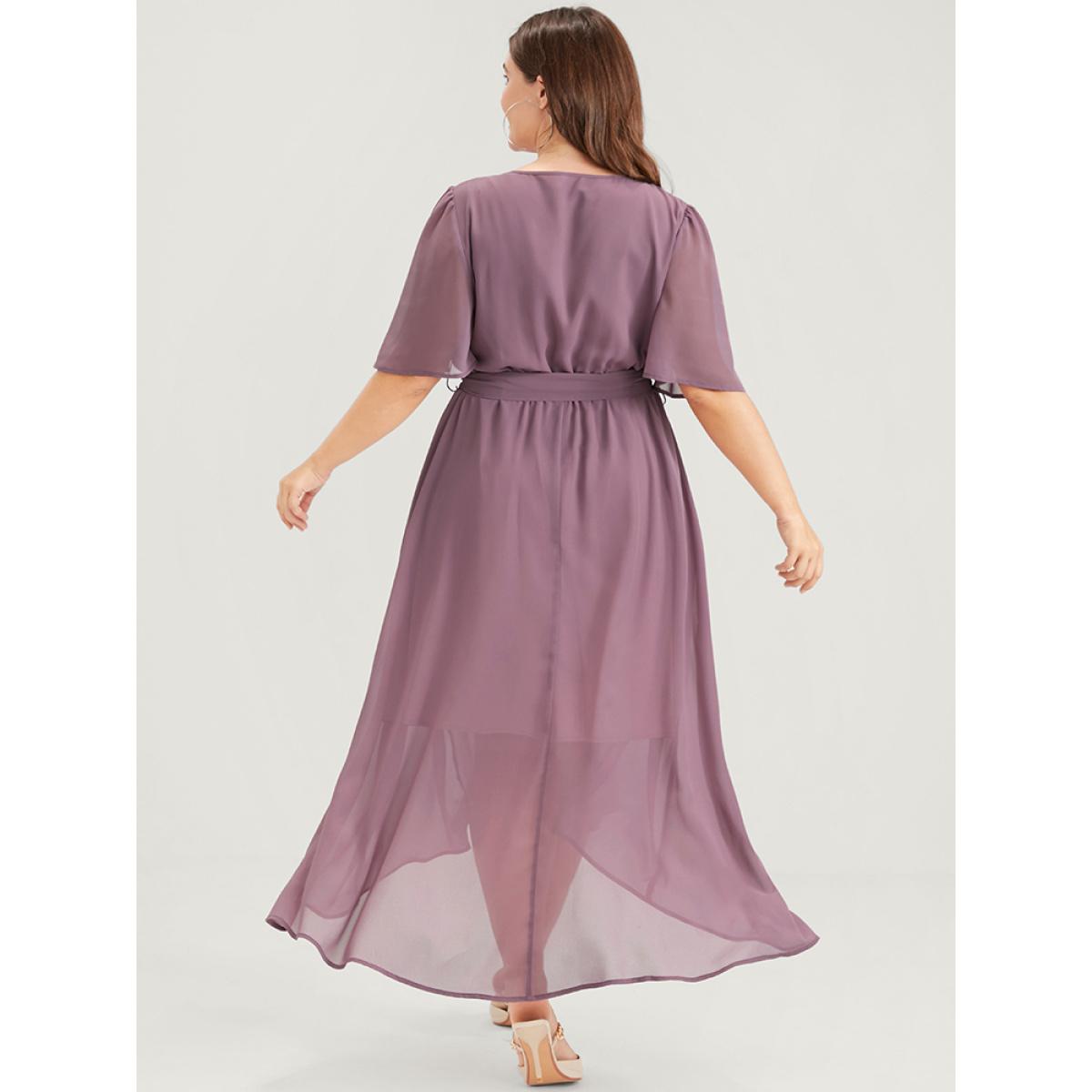 Plus Size Solid Keyhole Neck Ruffle Asymmetrical Hem Belted Maxi Dress Rouge Women Casual Elastic Waist Round Neck Half Sleeve Curvy Long Dress BloomChic 22-24/3X Product Image