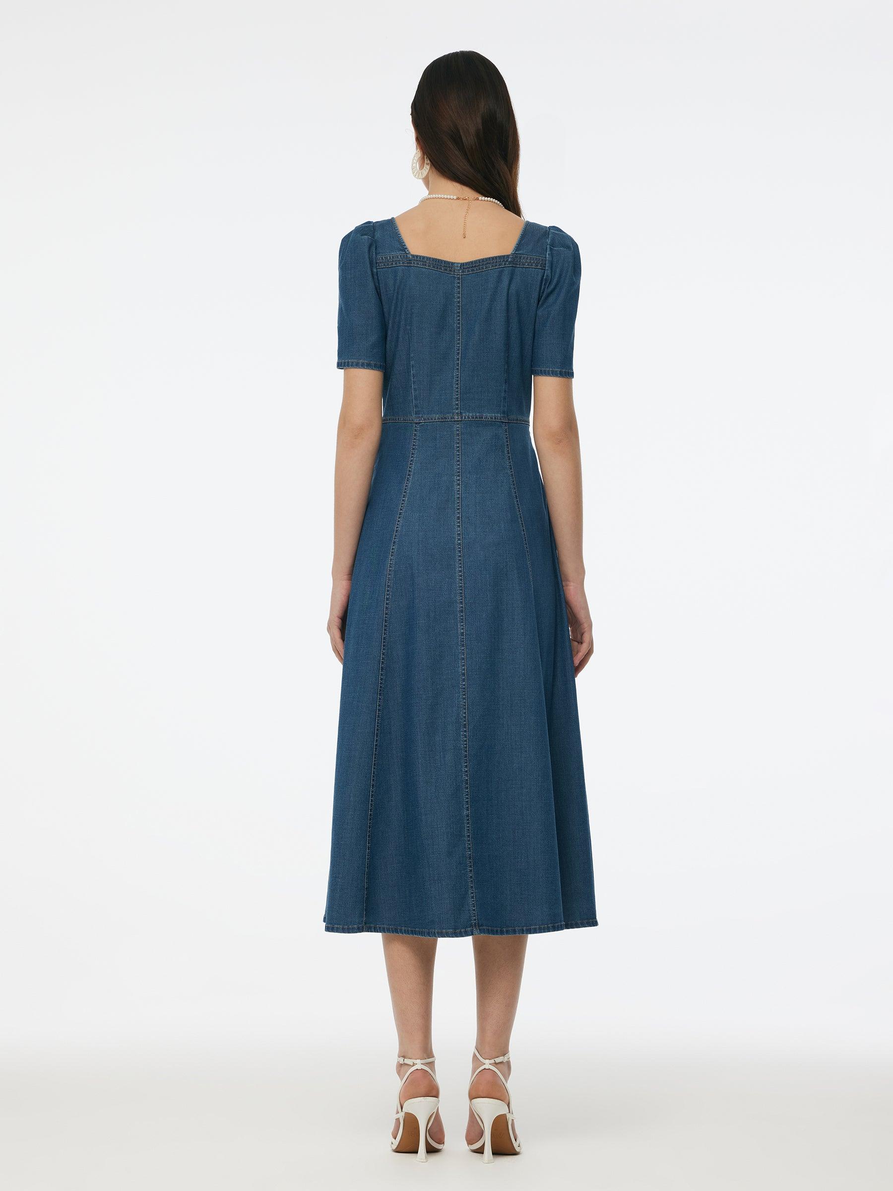 Denim Stretch Women Square Neck Midi Dress Product Image