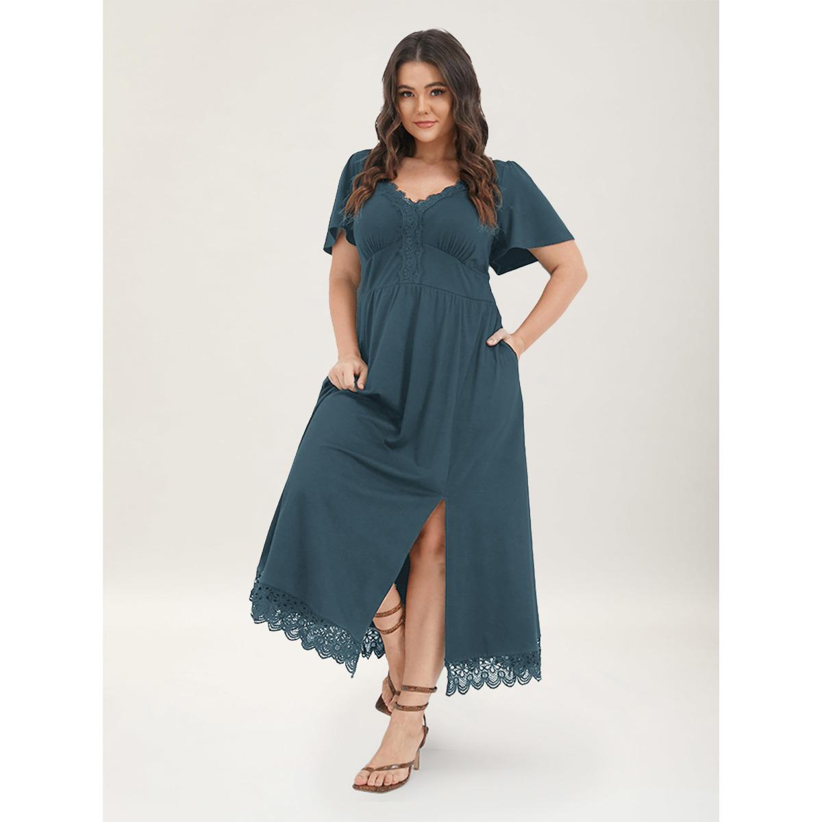 Plus Size Solid Pocket Contrast Lace Split Maxi Dress Aegean Women Romantic Patchwork V-neck Short sleeve Curvy Long Dress BloomChic 26/4X Product Image