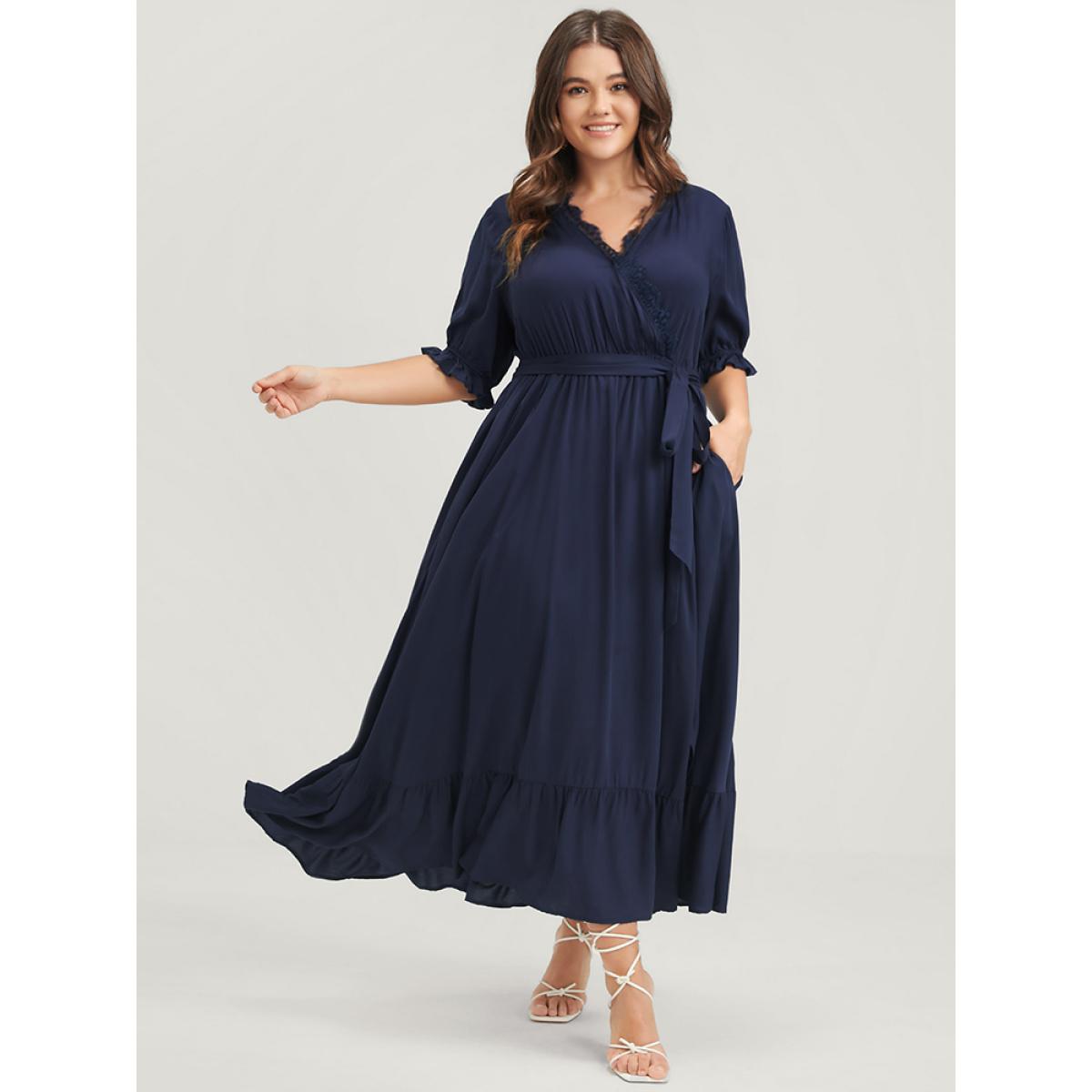Plus Size Solid Knotted Pocket Lace Trim Wrap Maxi Dress Navy Women Elegant Patchwork V-neck Half Sleeve Curvy Midi Dress BloomChic 10/M Product Image