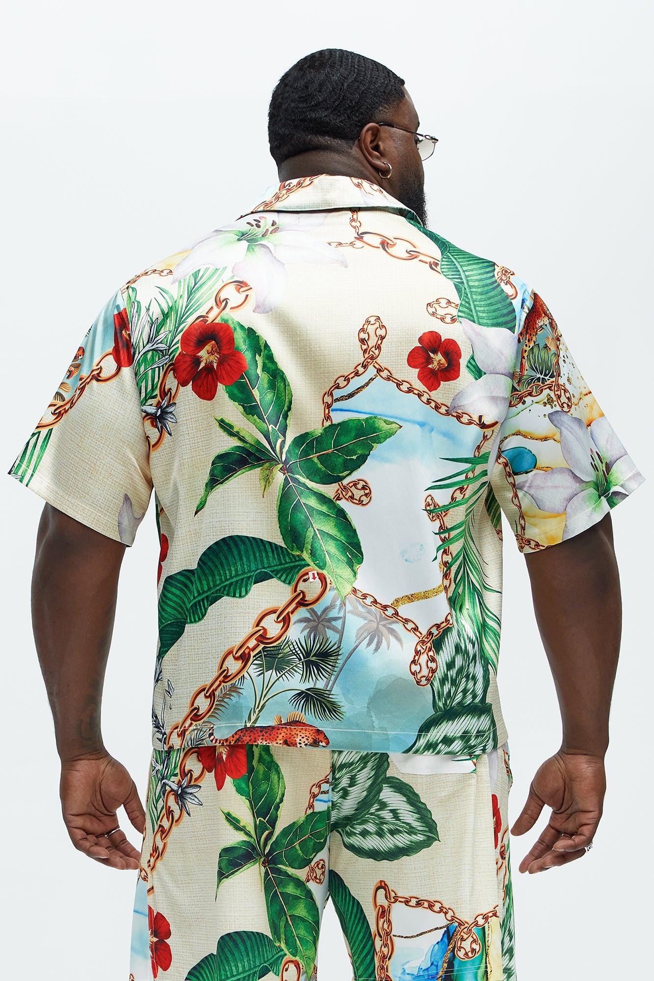 Palms And Chains Printed Cuban Collar Shirt - Multi Color Product Image