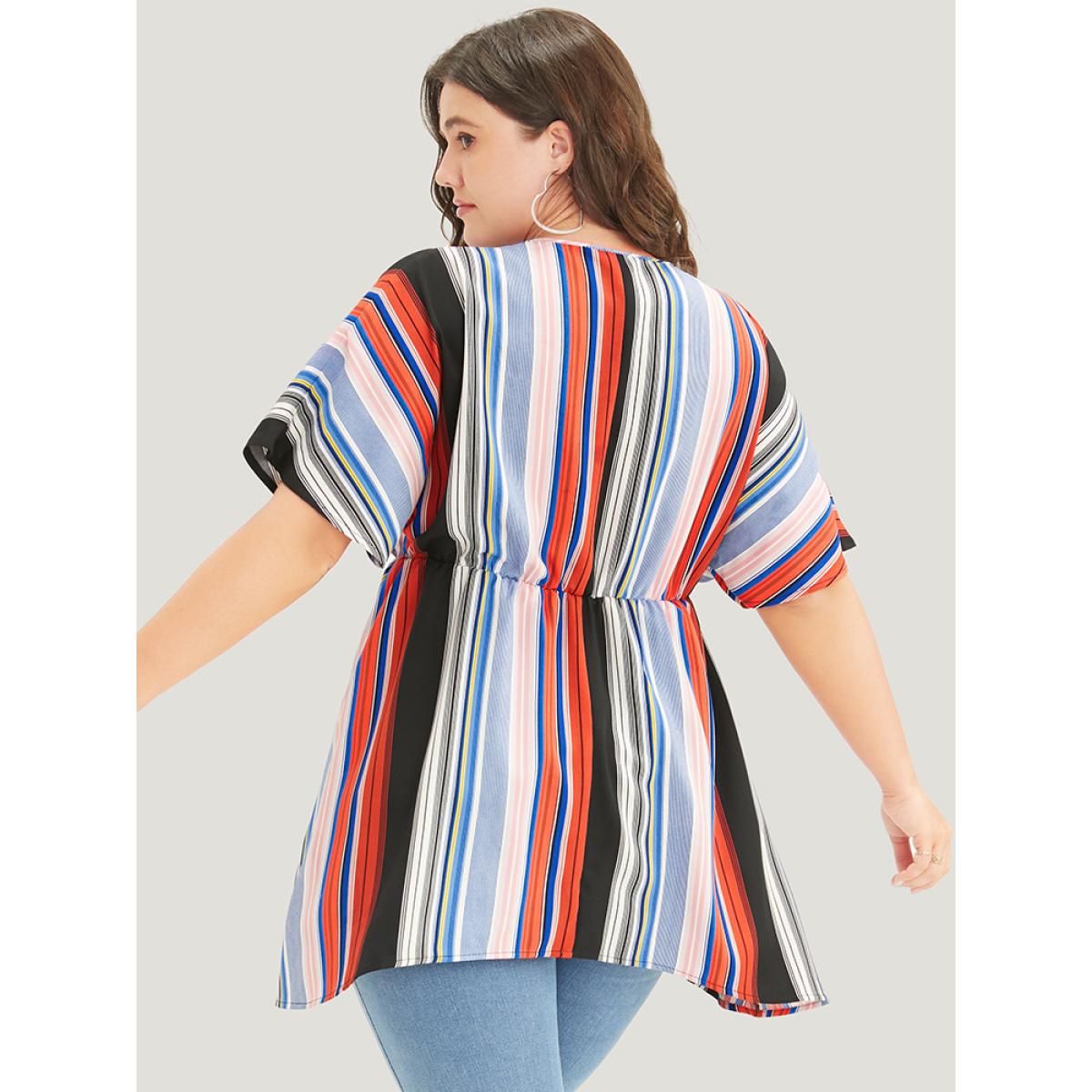 Plus Size Stone Striped Contrast Dolman Sleeve Asymmetrical Hem Blouse Women Vacation Short sleeve V-neck Dailywear Blouses BloomChic 12/L Product Image