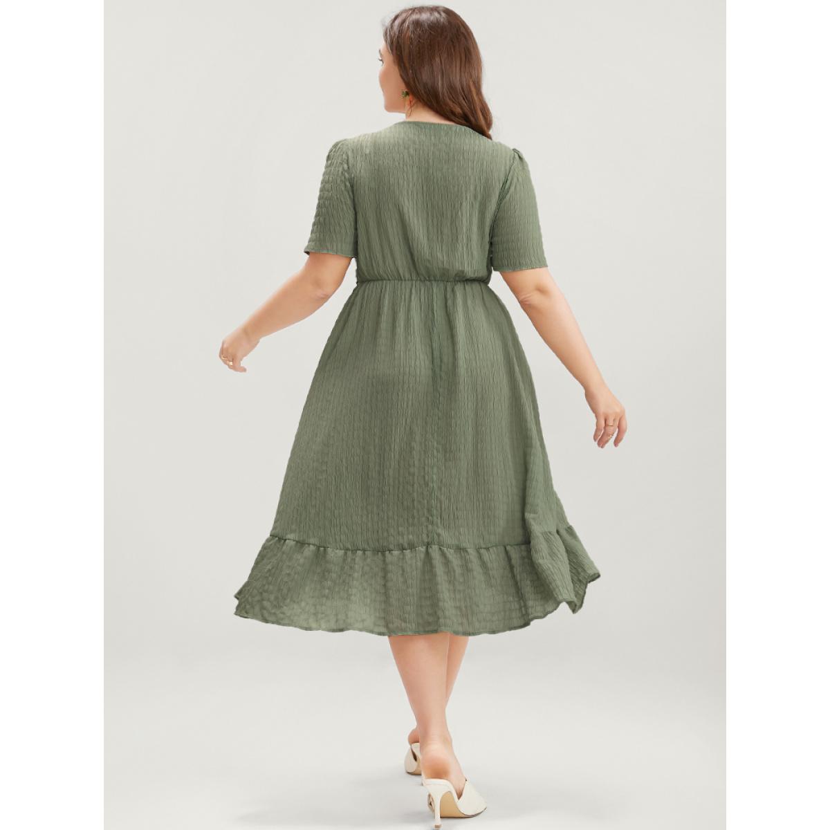 Plus Size Solid Square Neck Pocket Lace Ruffles Hem Dress Mint Women Elegant Elastic Waist Square Neck Short sleeve Curvy Midi Dress BloomChic 22-24/3X Product Image