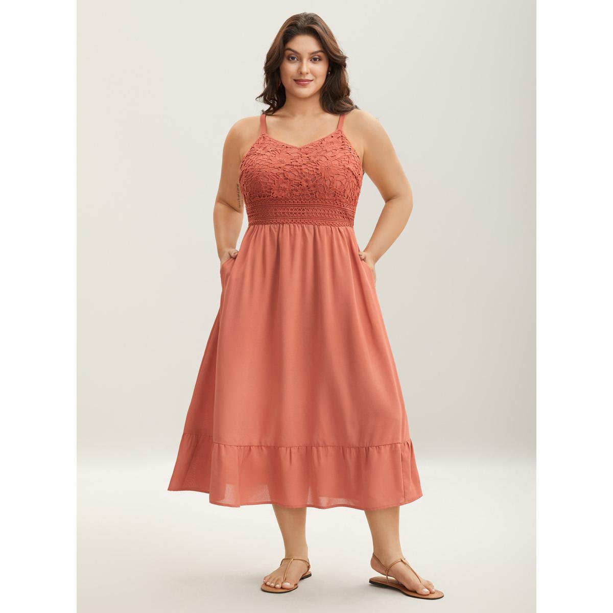 Plus Size Lace Patchwork Stretchy Waist Midi Dress Coral Women V-neck Sleeveless Curvy BloomChic 28/5X Product Image