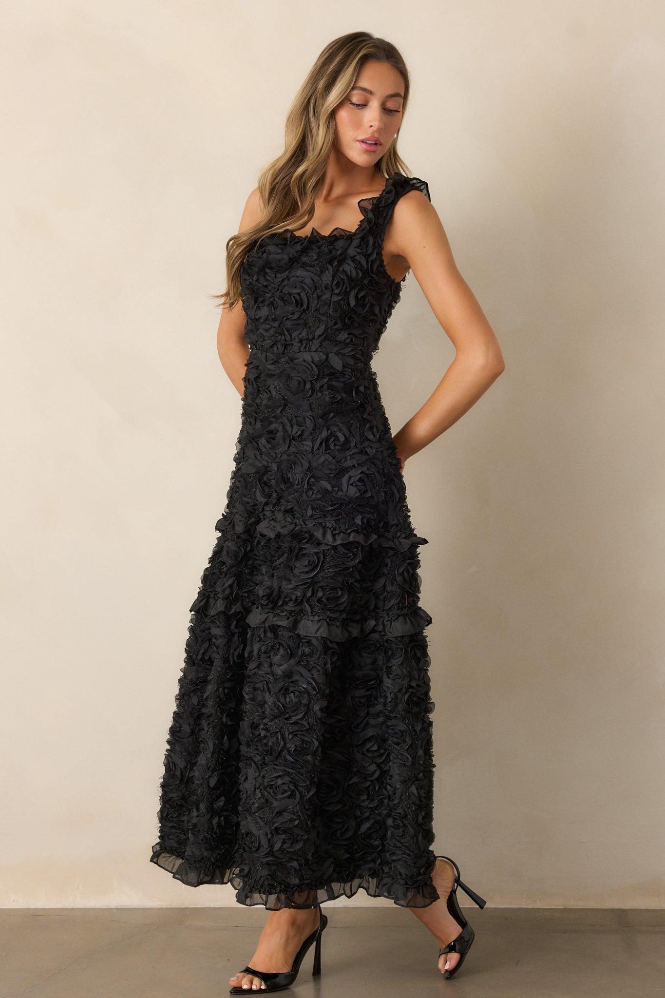 Something Good Black Floral Applique Maxi Dress Product Image
