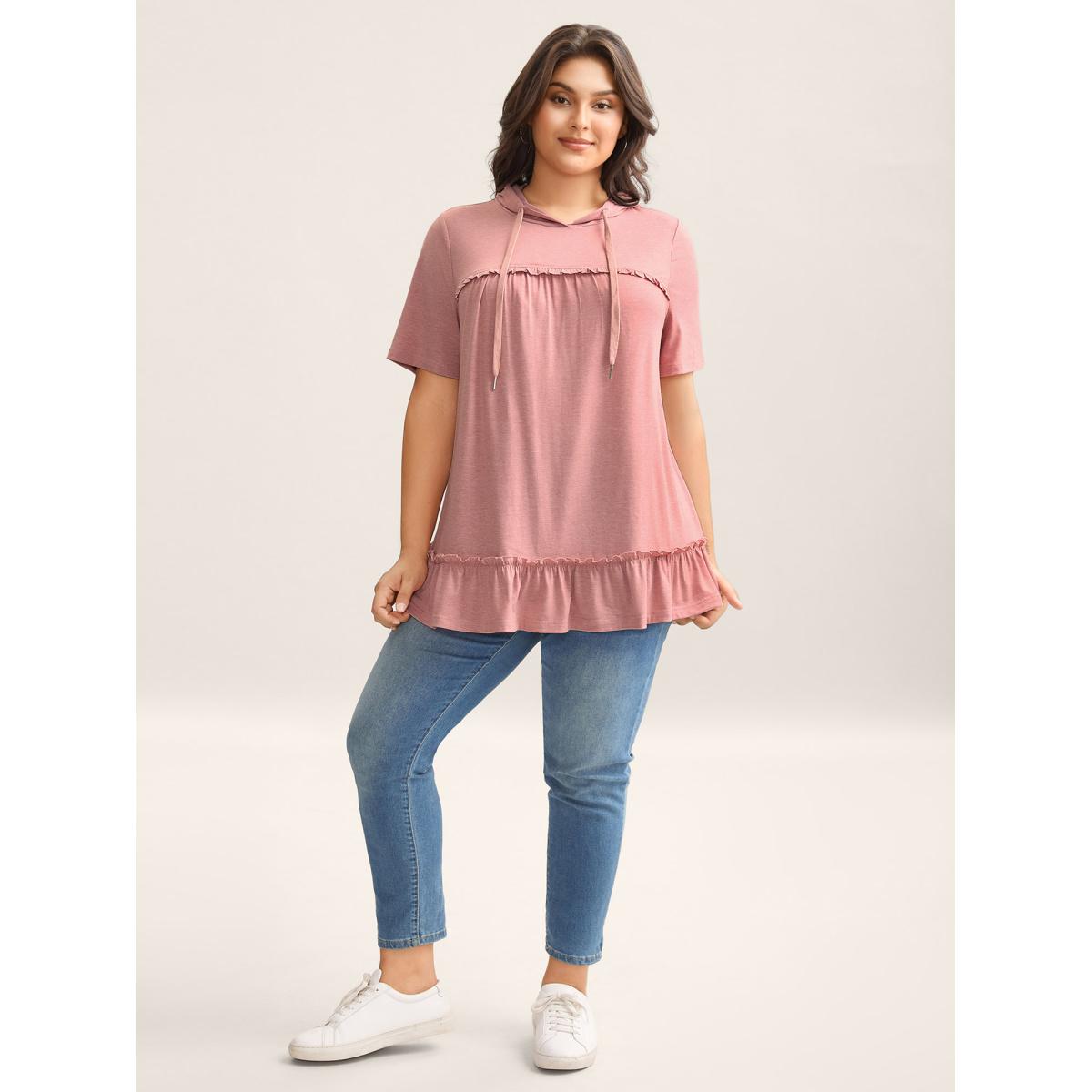 Plus Size Stretchy Heather Hooded Ties T-Shirt Dirtypink Women Gathered Hooded Everyday-Casual T-shirts BloomChic 18-20/2X Product Image