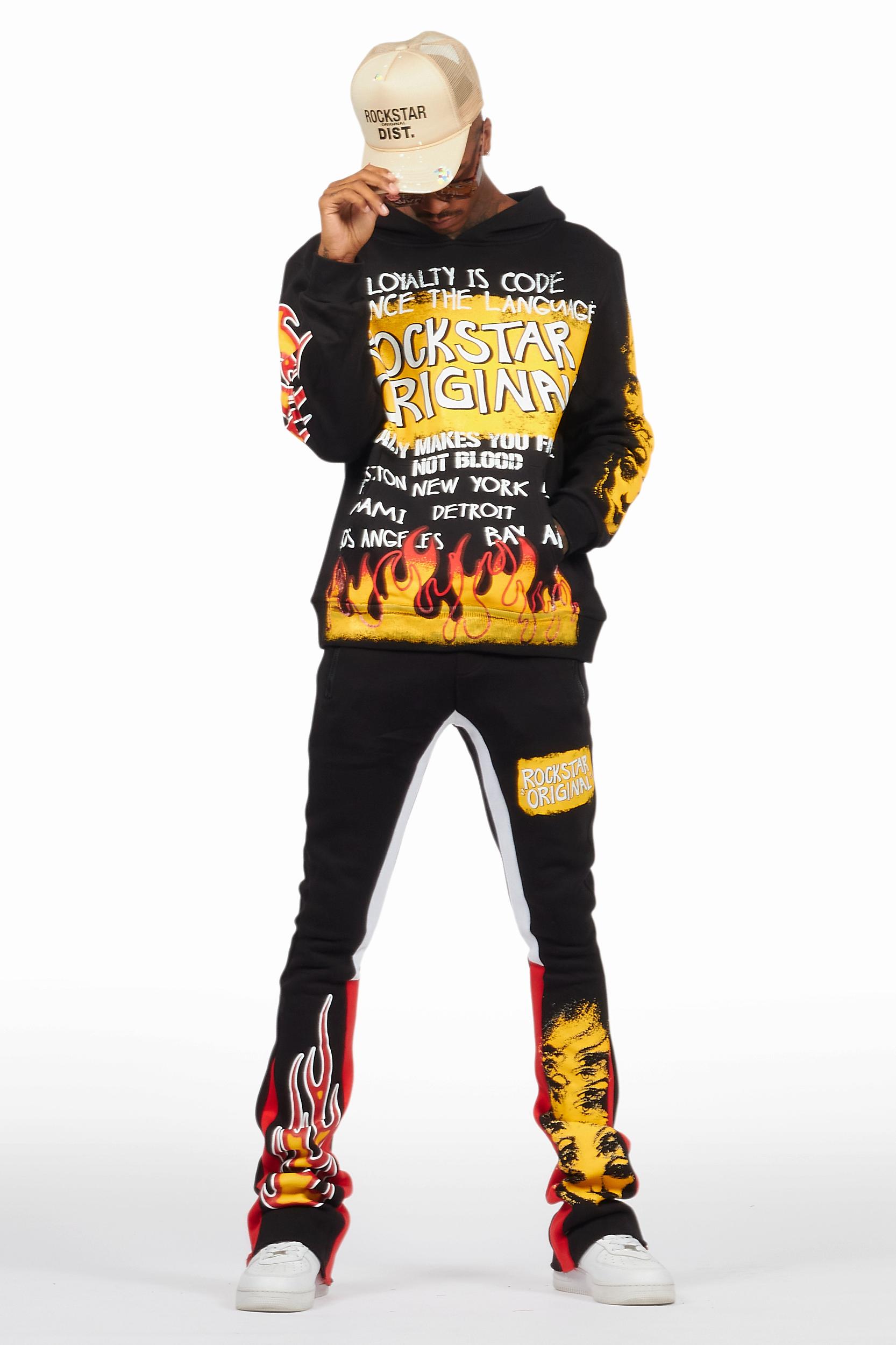 Beno Black/Yellow Stacked Flare Hoodie Track Set Male Product Image