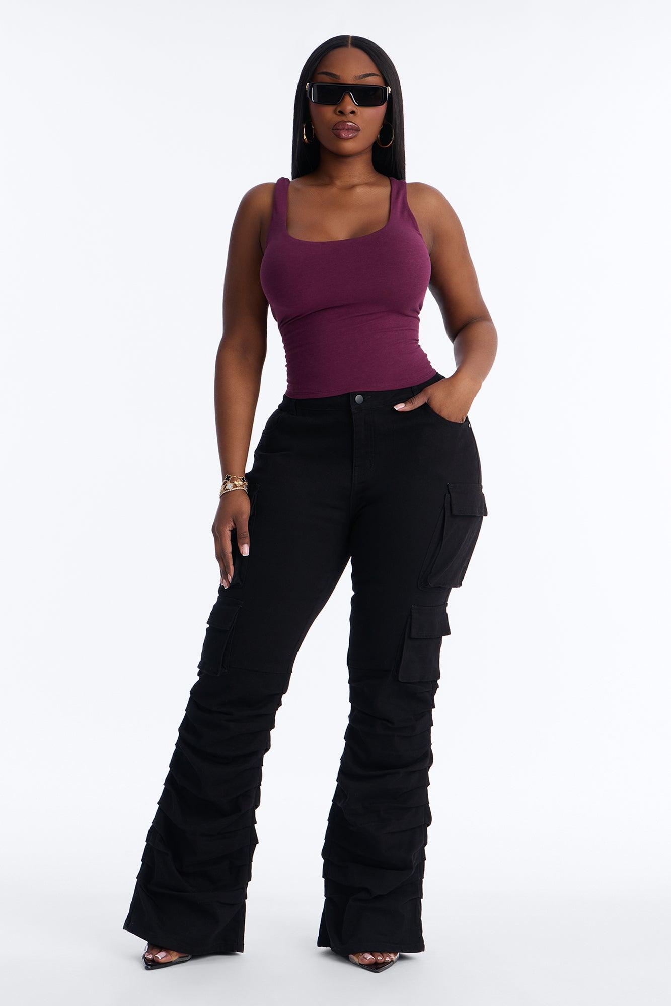 Eliza Low Rise Flare Cargo Stacked Pant 33″ - Black Female Product Image