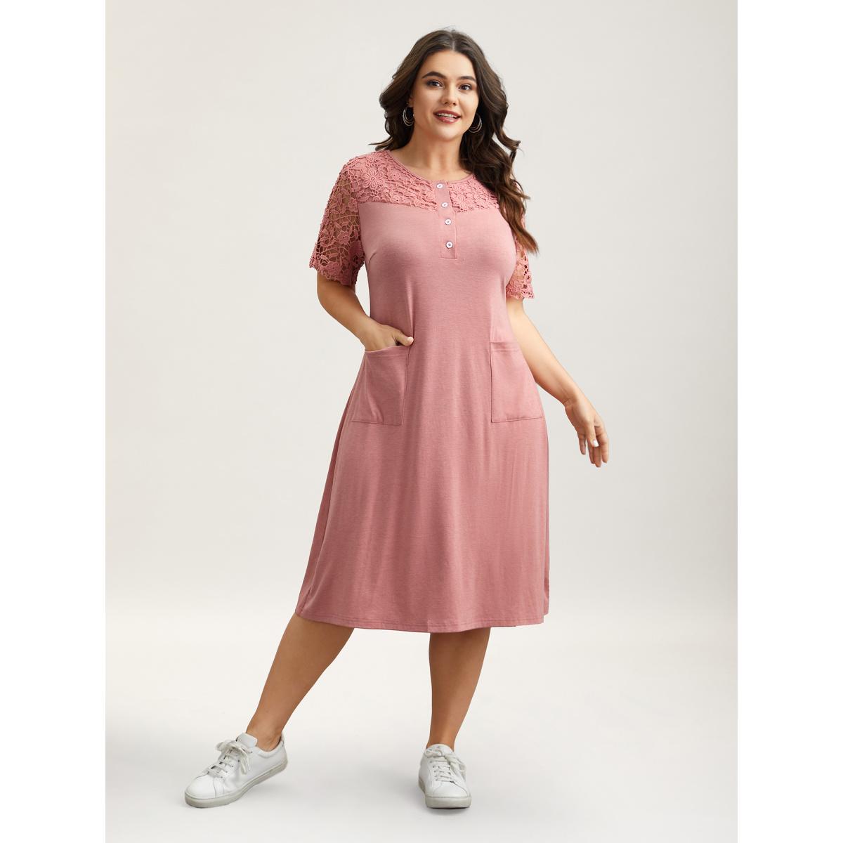 Plus Size Sheer Lace Placket Pockets Midi Dress DustyPink Women Casual Woven ribbon&lace trim Knit Dresses Bloomchic 30/6X Product Image