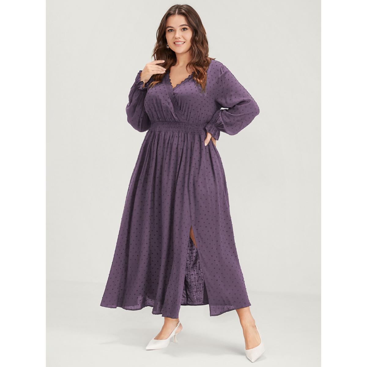 Plus Size Polka Dot Pocket Lantern Sleeve Lace Trim Shirred Dress Mauve Women Elegant Cross straps V-neck Long Sleeve Curvy Long Dress BloomChic 18-20/2X Product Image