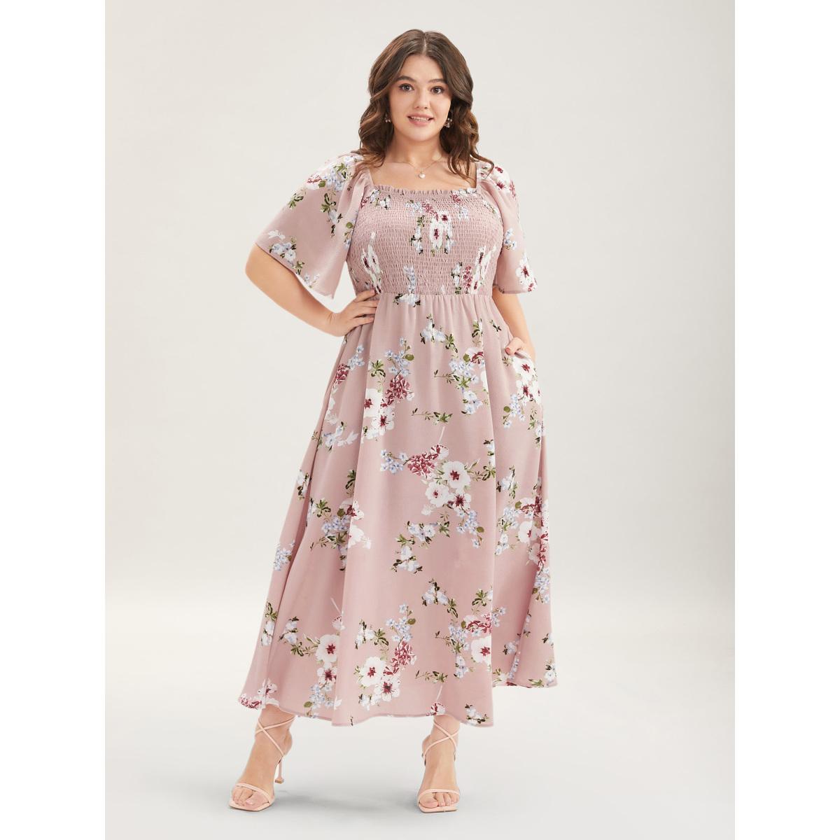 Plus Size Floral Square Neck Ruffles Pocket Shirred Split Dress DustyPink Women Romantic Non Square Neck Short sleeve Curvy BloomChic 30/6X Product Image