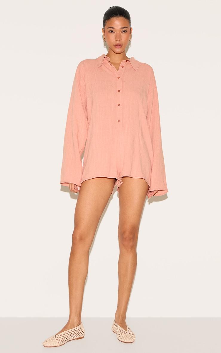 Peach Linen Look Floaty Shirt Detail Romper Product Image