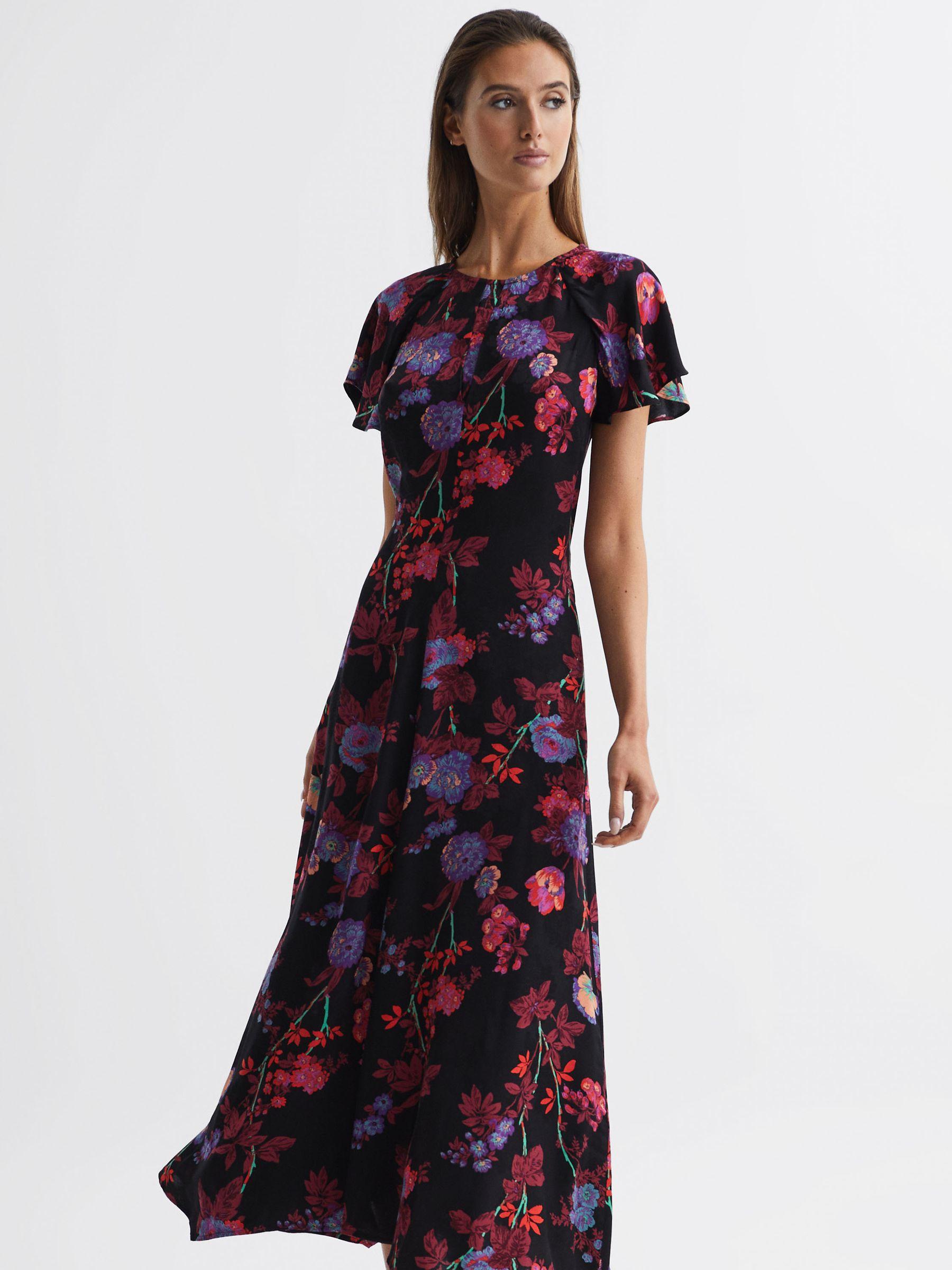 Fitted Floral Print Midi Dress in Black/Pink Product Image