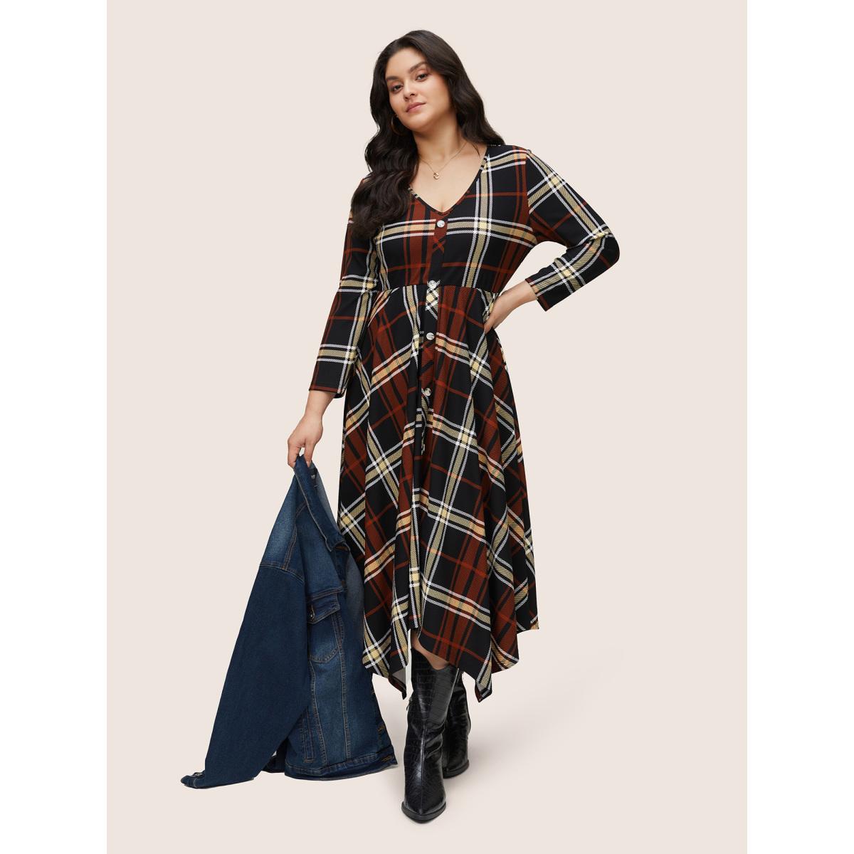 Plus Size Christmas Plaid Button Detail Hanky Hem Dress Black Women Casual Printed V-neck Long Sleeve Curvy Midi Dress BloomChic 12/L Product Image