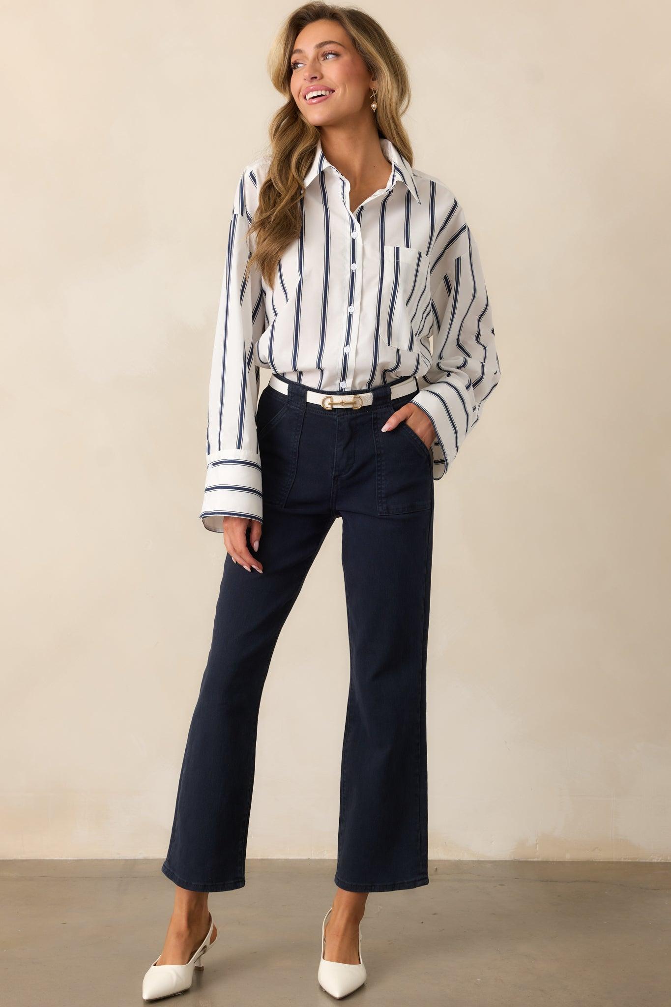 Unfinished Business Navy Stripe Button Front Top Product Image