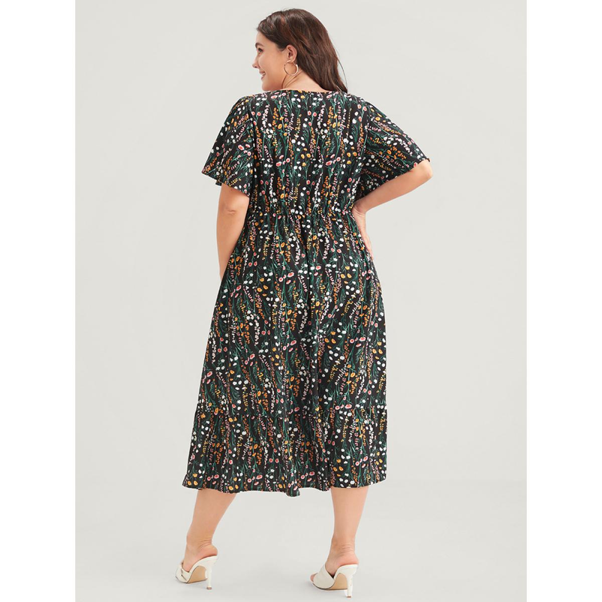 Plus Size Ditsy Floral Elastic Waist Button Ruffle Pocket Wrap Midi Dress BlackFlower Women Elegant Pocket V-neck Short sleeve Curvy Long Dress BloomChic 18-20/2X Product Image