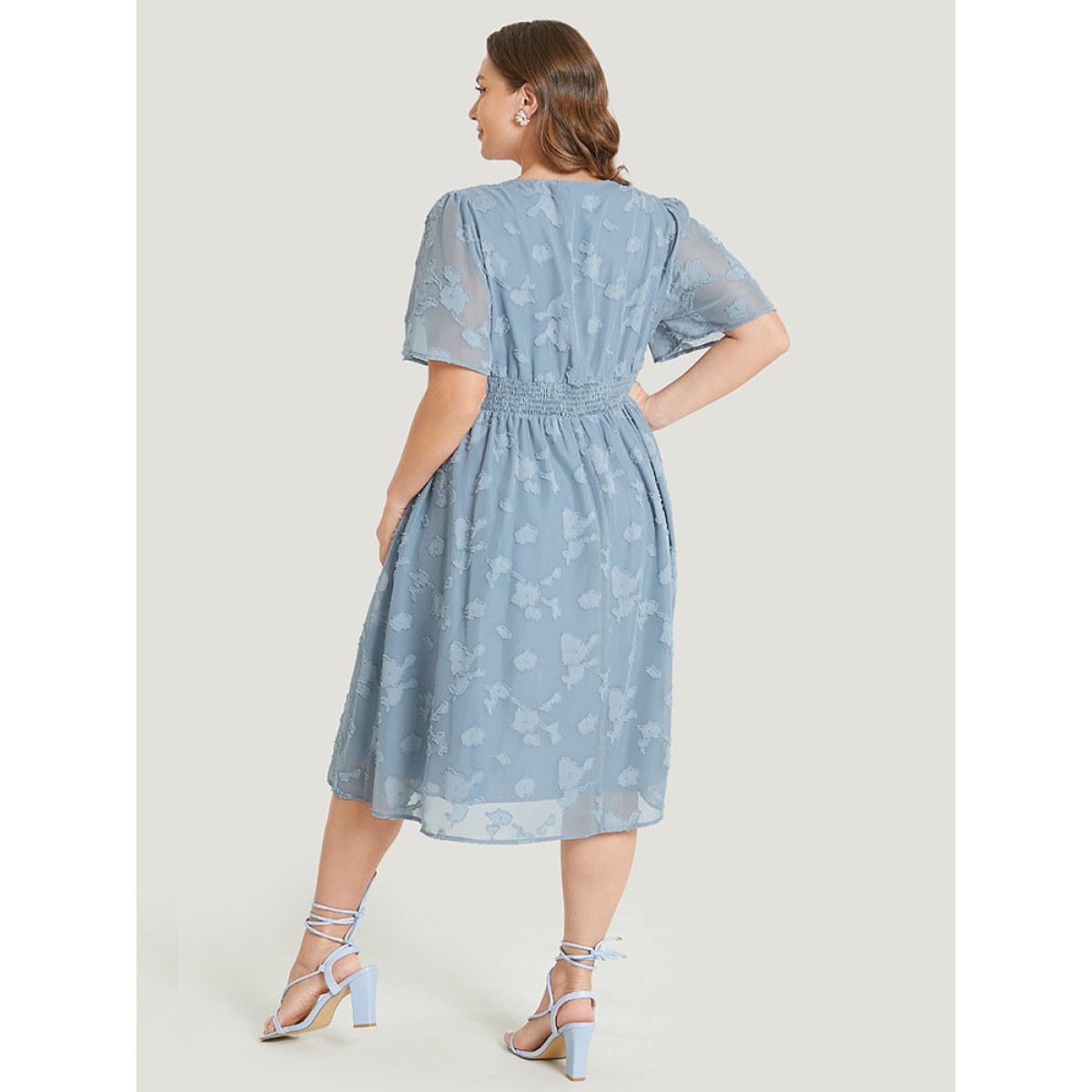 Plus Size Solid Textured Ruffle Pocket Shirred Waist Dress Stone Women Elegant Lined V-neck Short sleeve Curvy Midi Dress BloomChic 28/5X Product Image