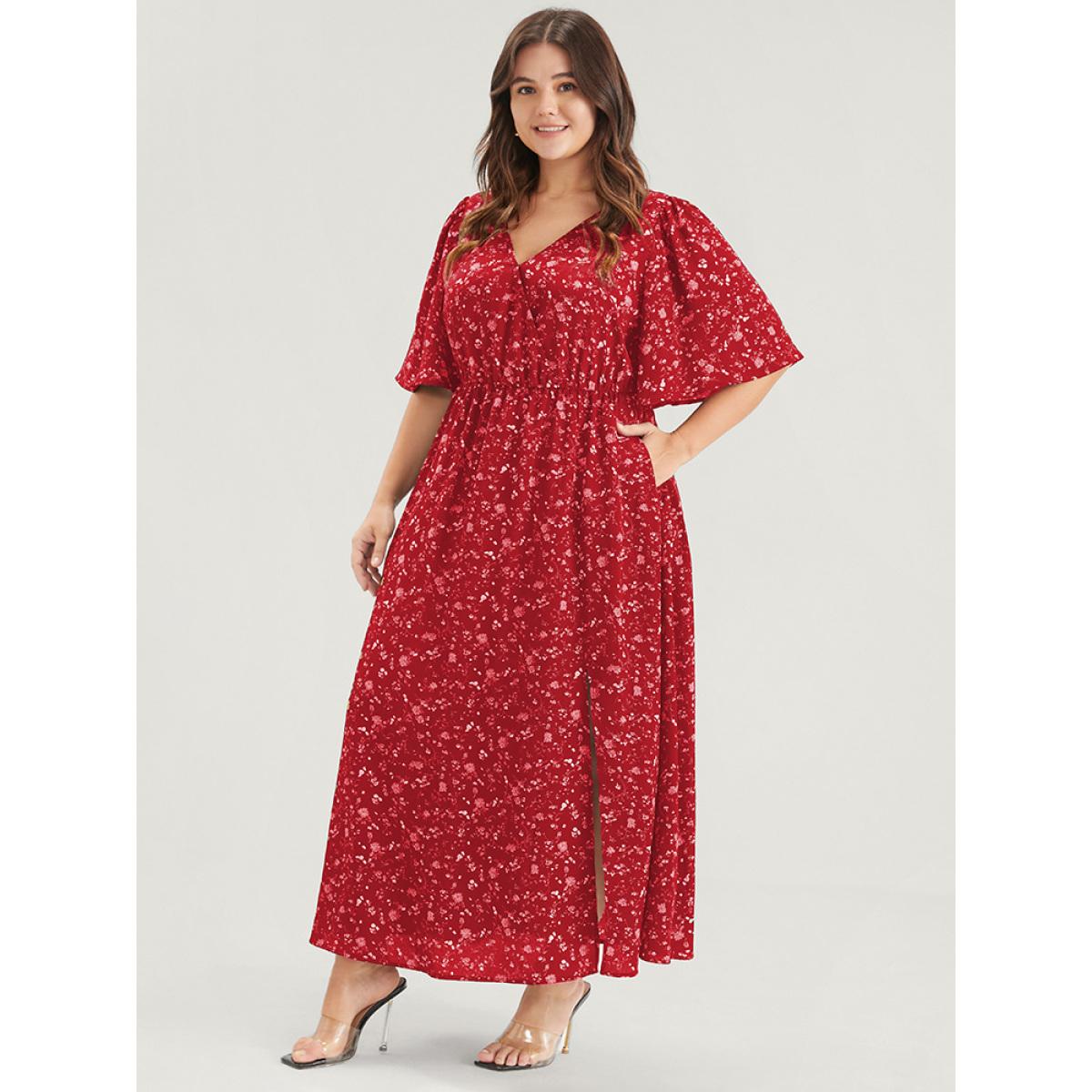 Plus Size Floral Print Split Pocket Wrap Button Ruffled Maxi Dress Red Women Elegant Printed V-neck Half Sleeve Curvy Maxi Dress BloomChic 26/4X Product Image