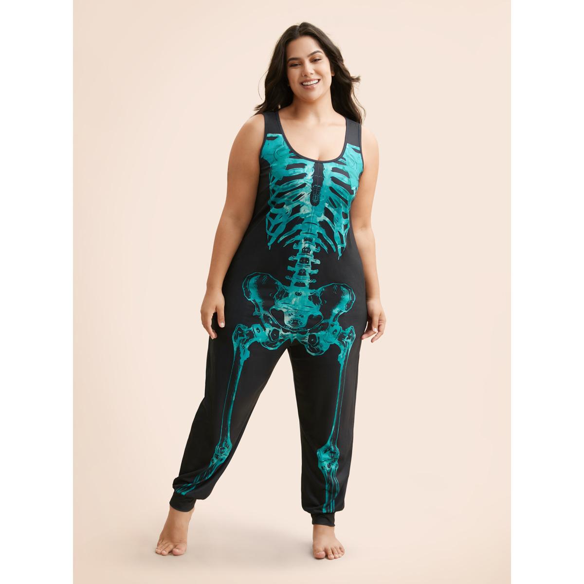 Plus Size Malachitegreen Skeleton Printed Off-Sleeves Jumpsuit Women Cocktail Sleeveless U-neck Party Loose Jumpsuits BloomChic 18-20/2X Product Image