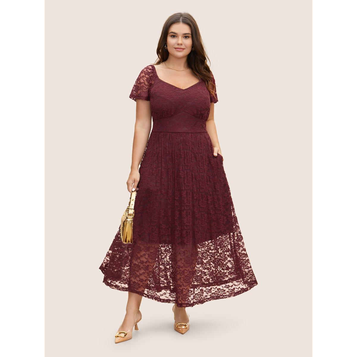 Plus Size Heart Neckline Crochet Lace Mesh Flutter Sleeve Dress Burgundy Women Elegant Woven ribbon&lace trim Heart neckline Cap Sleeve Curvy BloomChic 22-24/3X Product Image