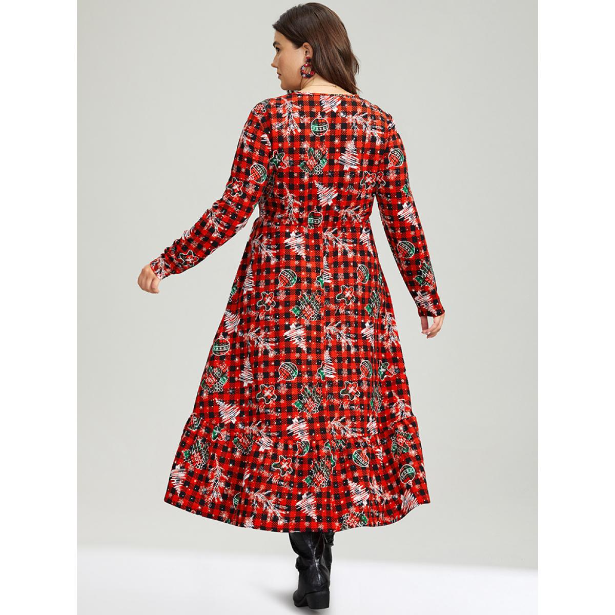 Plus Size Gingham Crew Neck Pocket Elastic Waist Dress Red Women Casual Printed Round Neck Long Sleeve Curvy Midi Dress BloomChic 10/M Product Image