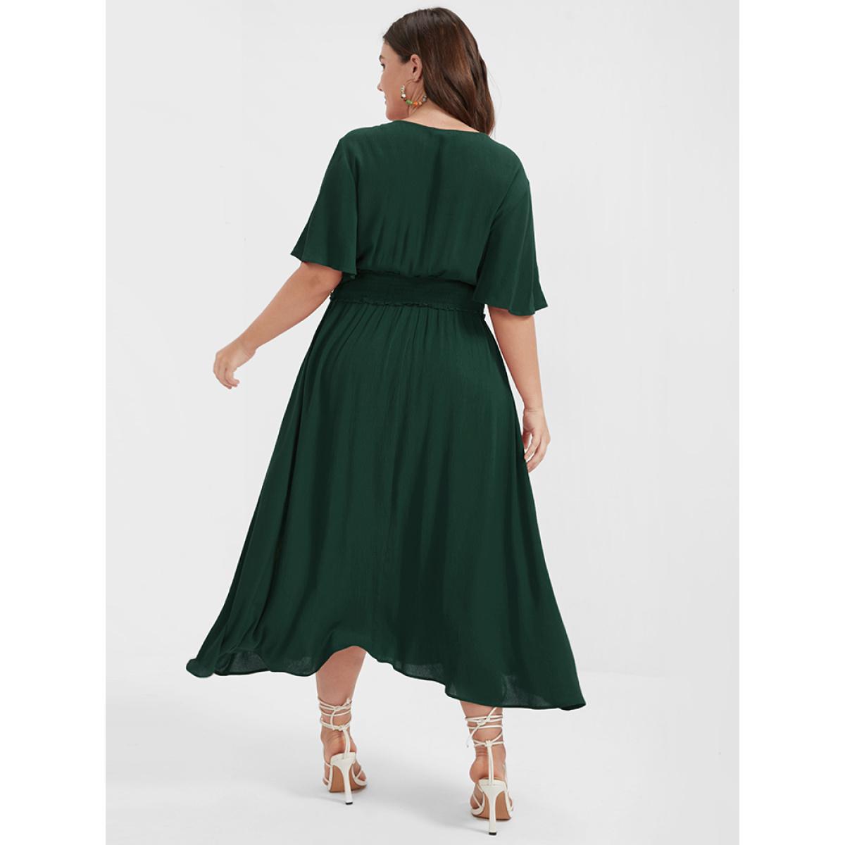 Plus Size Plain Shirred Button Elastic Waist Ruffles Midi Dress DarkGreen Women Elegant Elastic Waist V-neck Short sleeve Curvy Midi Dress BloomChic 26/4X Product Image