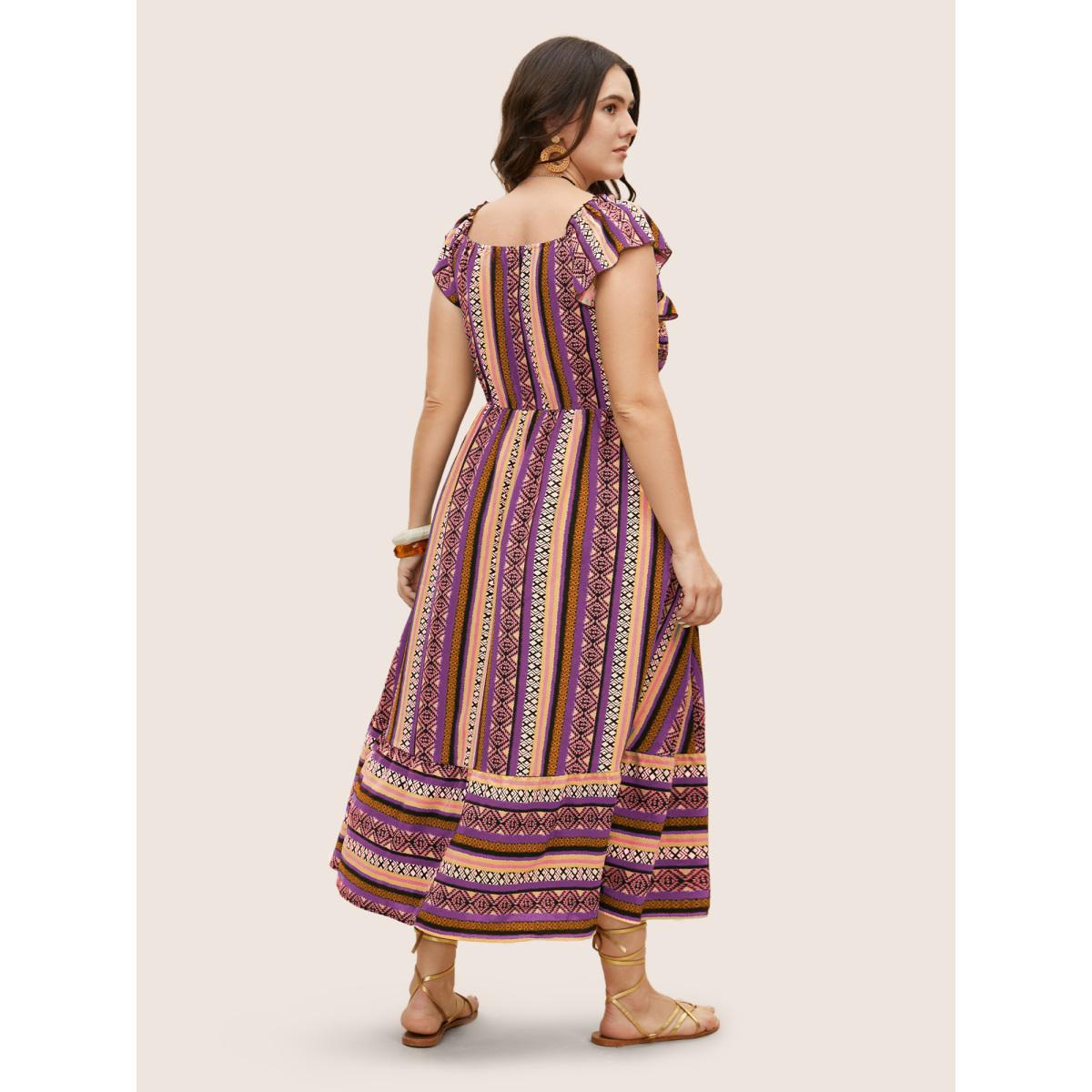 Plus Size Bandana Striped Shirred Ruffle Trim Dress Lilac Women Resort Shirred Square Neck Cap Sleeve Curvy BloomChic 30/6X Product Image