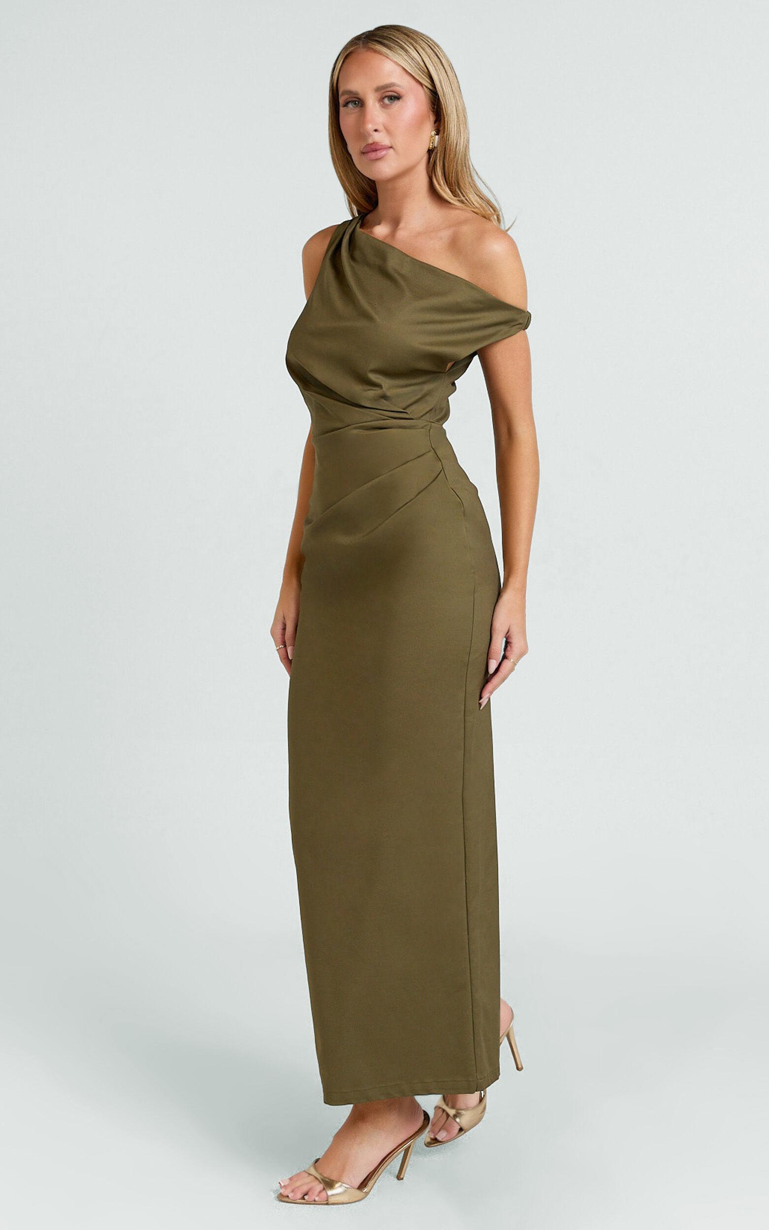 Alexandria Midi Dress - Tip Shoulder Draped Fitted Dress in Olive Product Image