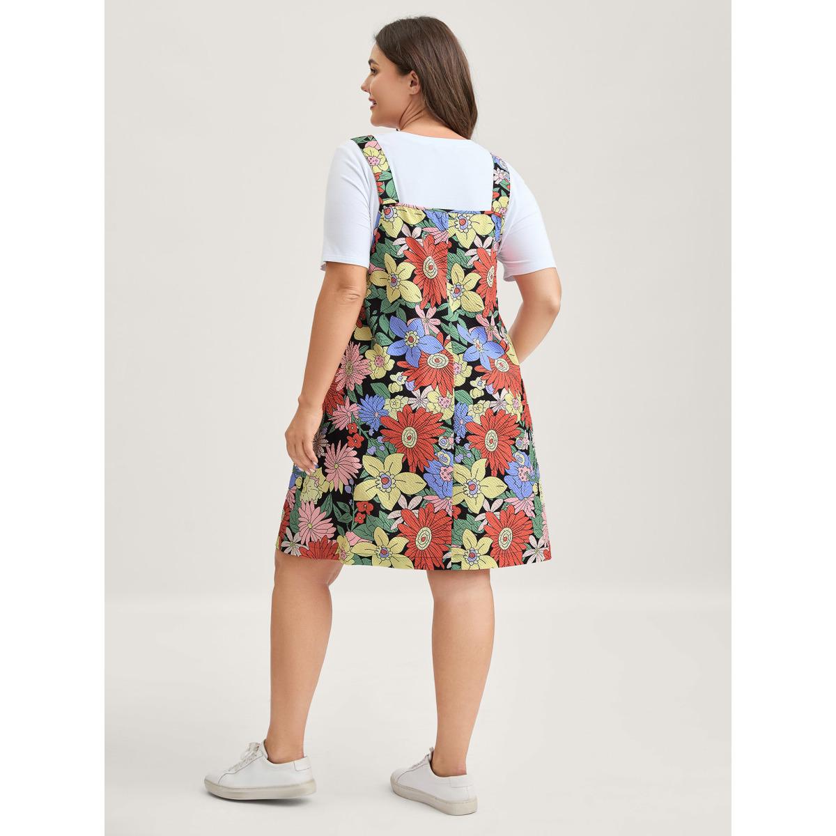 Plus Size Floral Print Textured Overall Straps Dress Multicolor Women Playful Round Neck Sleeveless Curvy BloomChic 28/5X Product Image