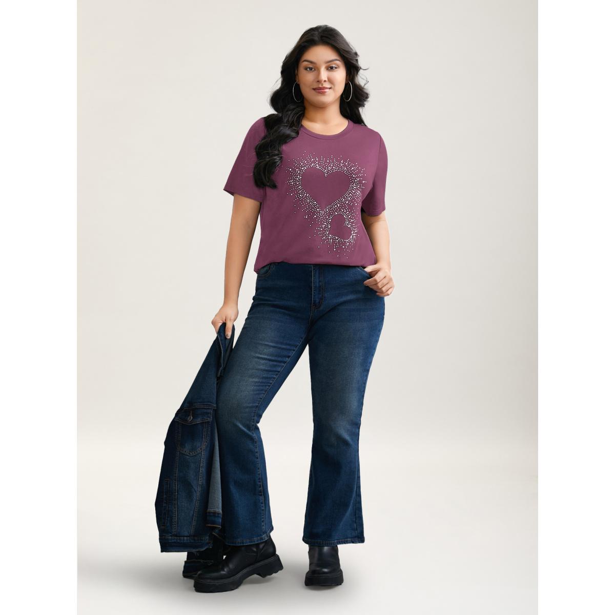 Plus Size Crew Neck Rhinestone Heart T-Shirt Deeppurplered Women Casual Rhinestone detailing Round Neck Everyday T-shirts BloomChic 26/4X Product Image