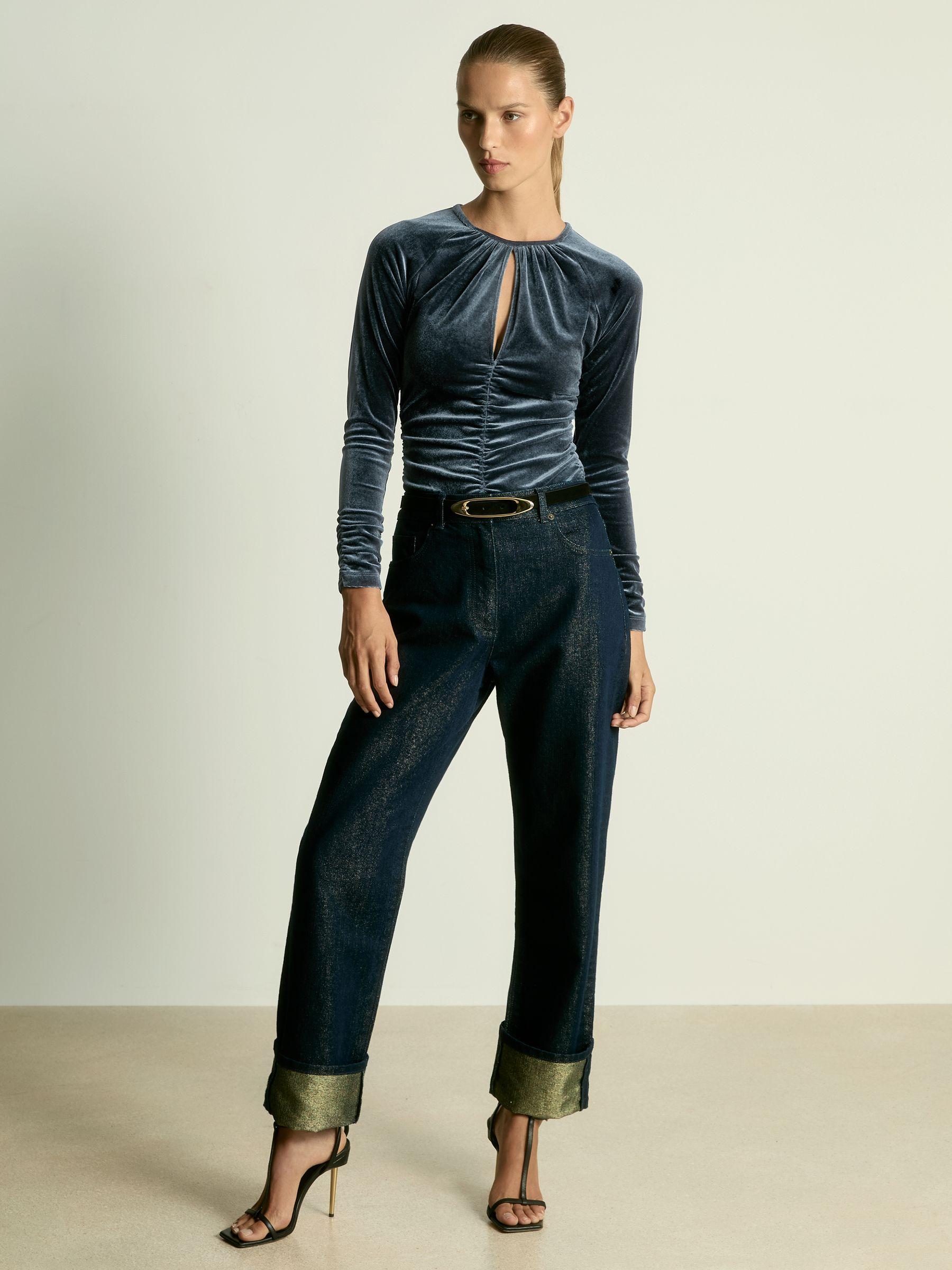 Velvet Ruched Keyhole Bodysuit in Slate Blue Product Image