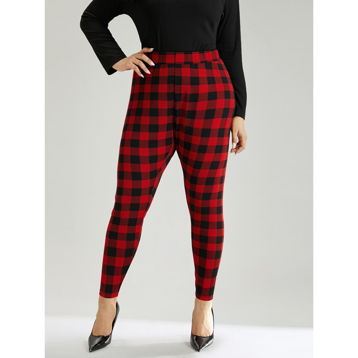 Plus Size Plaid Elastic Waist High Rise Skinny Leggings Women Raspberry Elegant High stretch Skinny High Rise Festival-Christmas Leggings BloomChic 22-24/3X Product Image