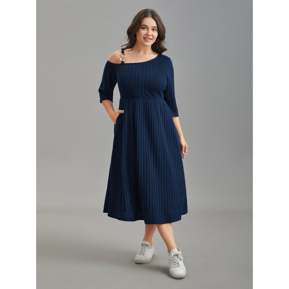 Plus Size One-Shoulder Pit-Strip Knit Buckle Midi Dress DarkBlue Women Casual Texture Knit Dresses Bloomchic 10/M Product Image