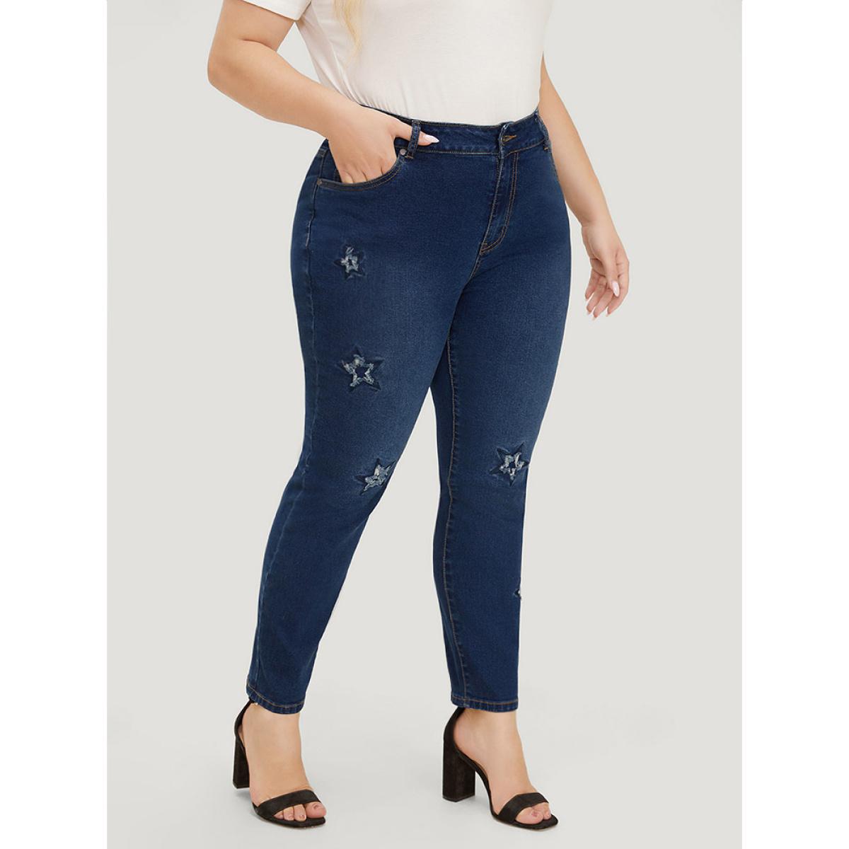 Plus Size Very Stretchy High Rise Medium Wash Star Embroidery Jeans Women Blue Casual Star and moon Embroidered High stretch Jeans BloomChic 12/L Product Image