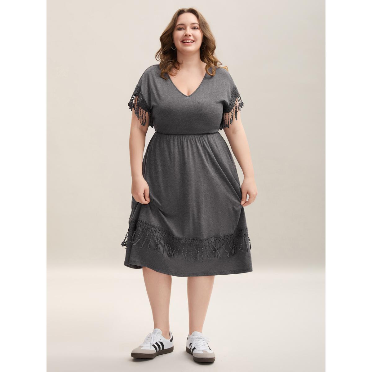 Plus Size Fringe Knit Plain V-Neck Midi Dress DarkGray Women Casual Woven ribbon&lace trim V-neck Cap Sleeve Curvy BloomChic 14-16/1X Product Image