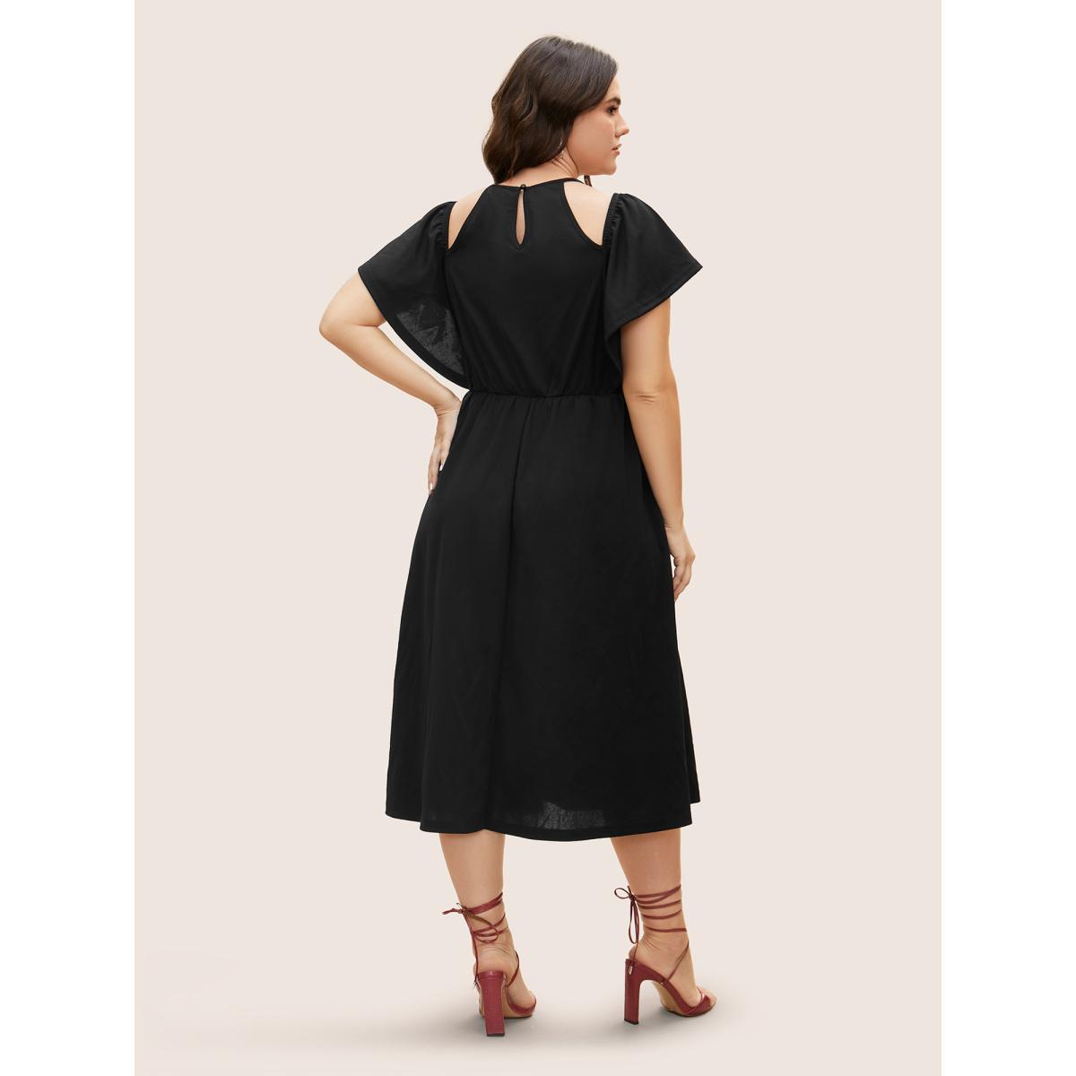 Plus Size Cold Shoulder Flutter Sleeve Midi Dress Black Women At the Office Gathered Round Neck Short sleeve Curvy BloomChic 30/6X Product Image