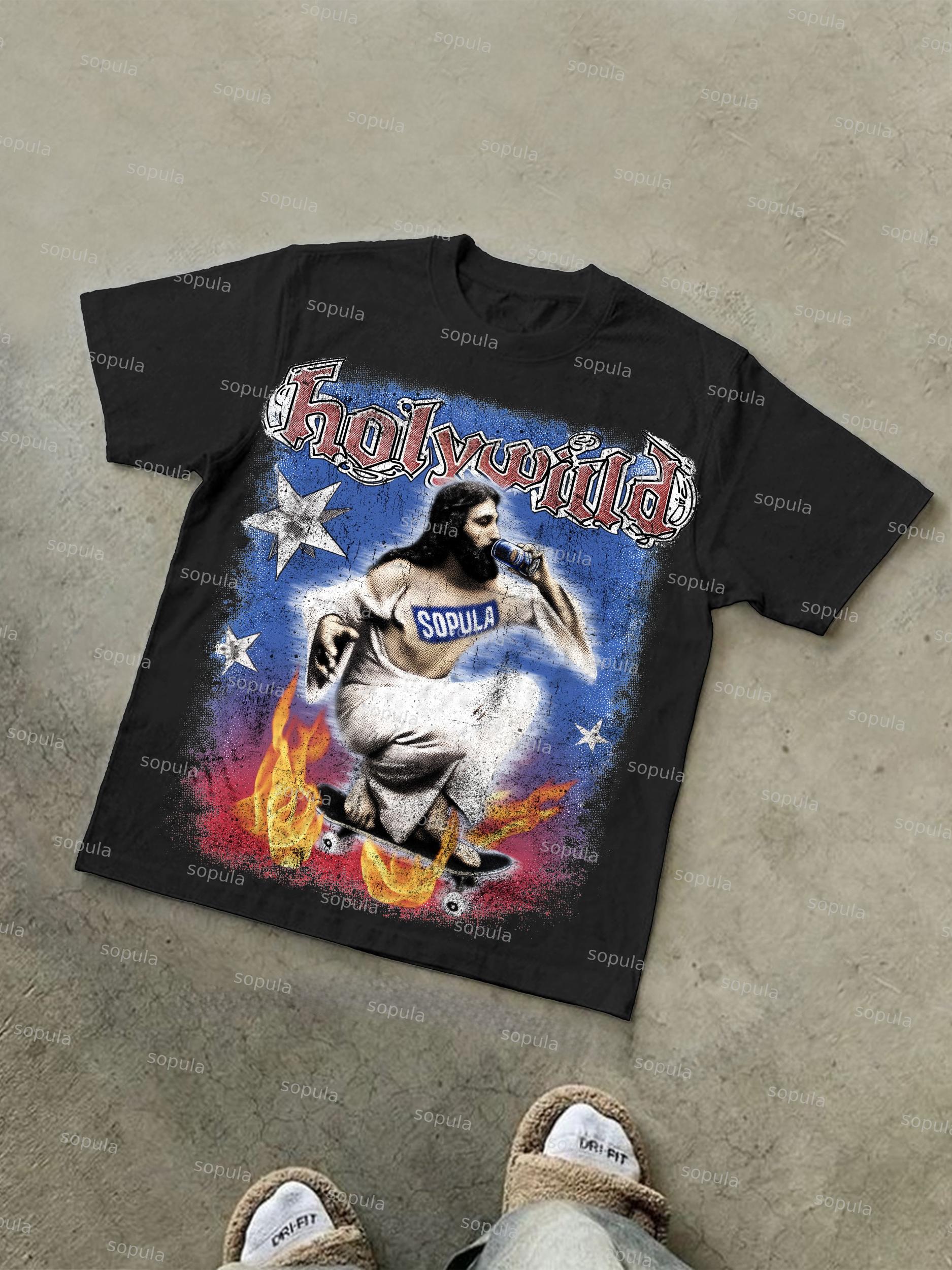 Retro Street Jesus Holy Wild Graphic Cotton T-shirt Product Image