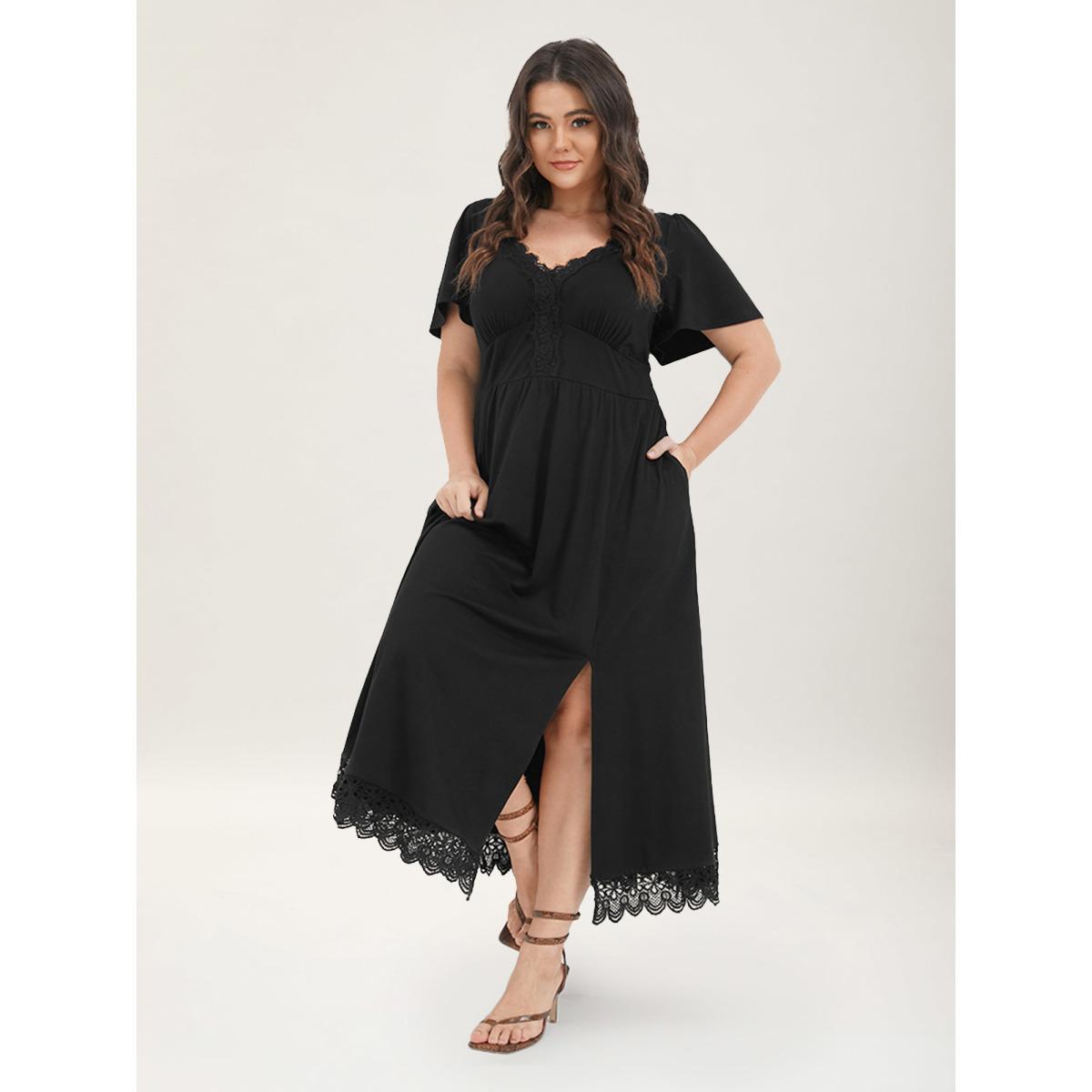 Plus Size Solid Pocket Contrast Lace Split Maxi Dress Black Women Romantic Patchwork V-neck Short sleeve Curvy Long Dress BloomChic 14-16/1X Product Image