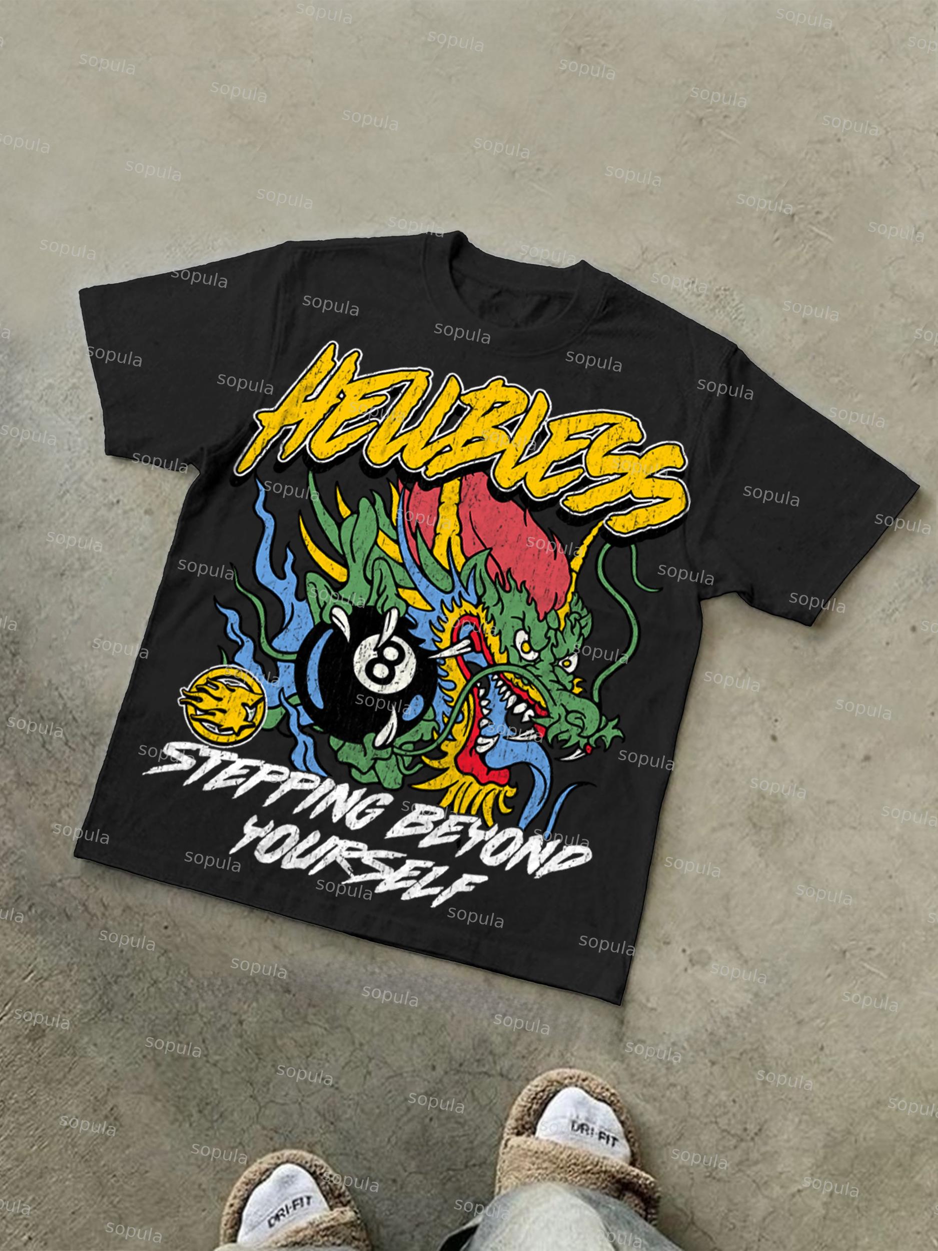 Black No. 8 Vintage Dragon Graphic Cotton T-shirt Product Image