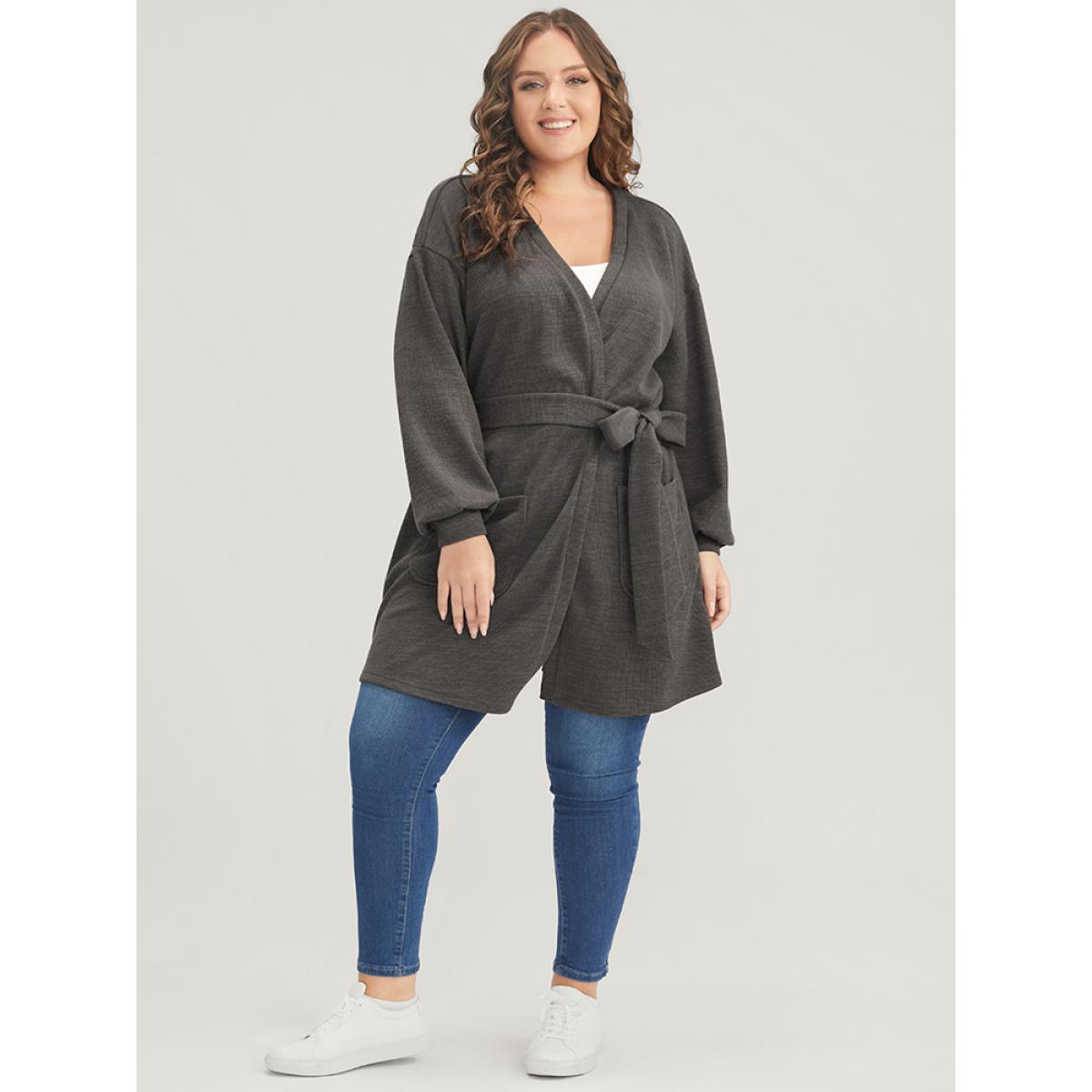 Plus Size Solid Pocket Belted Open Front Heather Coat Women DarkGray Casual Heather Ladies Dailywear Winter Coats BloomChic 28/5X Product Image