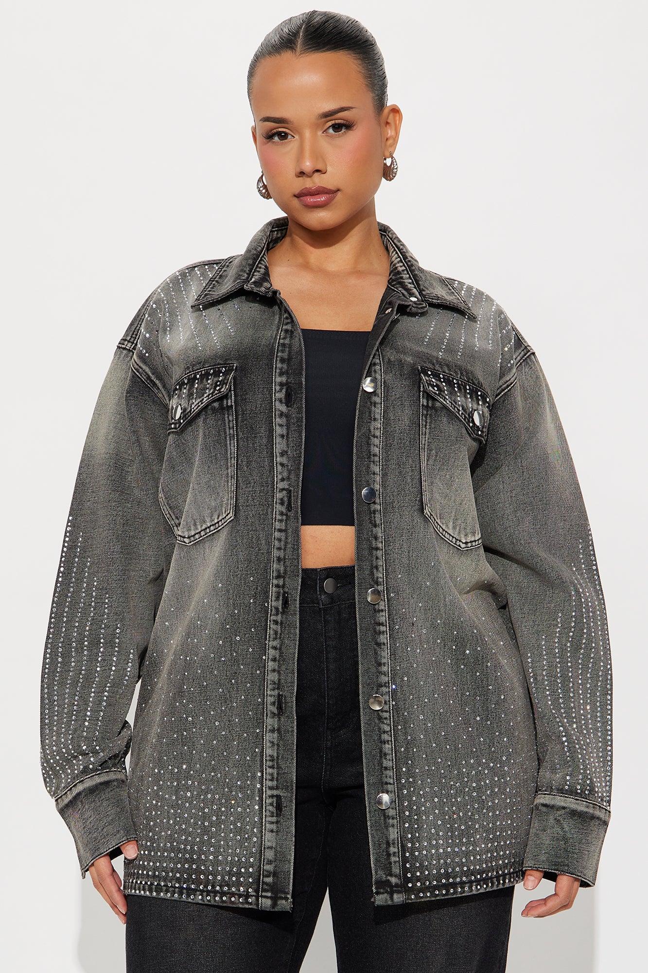 Chasing A Dream Embellished Denim Shacket - Grey Female Product Image