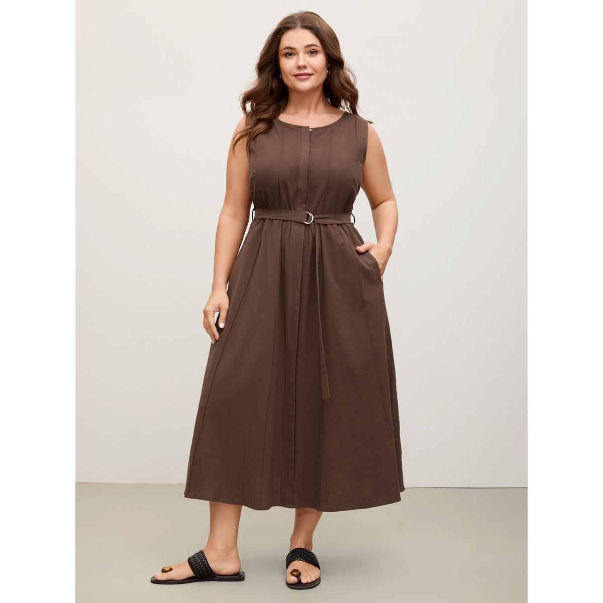 Plus Size Pure Cotton Adjustable Belt Placket Midi Dress Browncoffeecolor Women Office Tucked seam Round Neck Sleeveless Curvy BloomChic 12/L Product Image