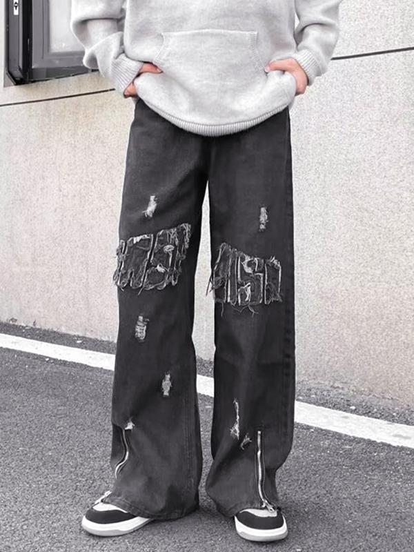 Men's Vintage Raw Trim Ripped Zip Up Loose Jeans Product Image