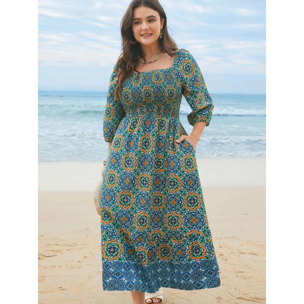 Plus Size Ornate Print Shirred Stretchy Waist Midi Dress Emerald Women Resort Shirred Square Neck Elbow-length sleeve Curvy BloomChic 22-24/3X Product Image