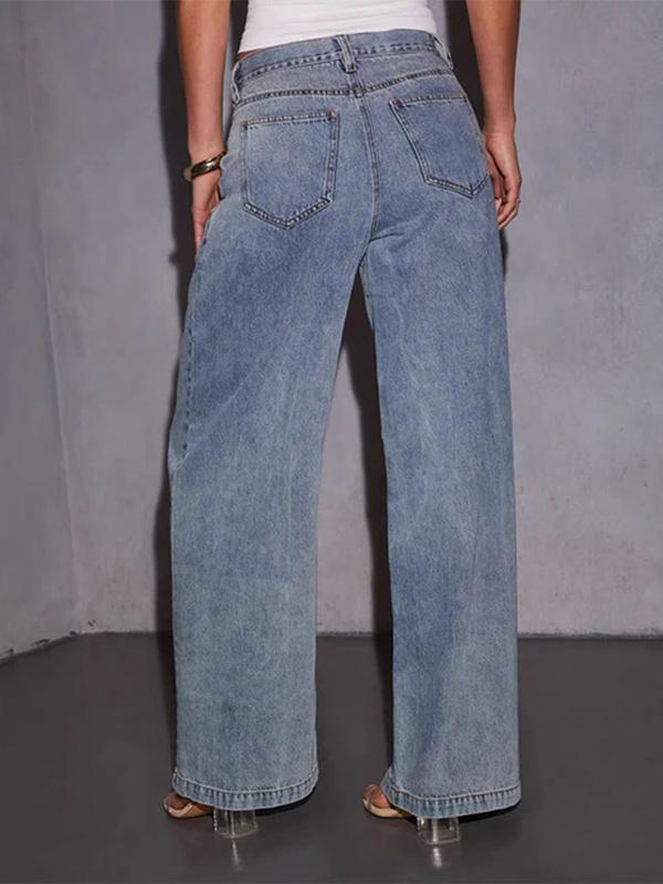Loose Wide Leg Pleated Split-Joint Jean Pants Bottoms Product Image