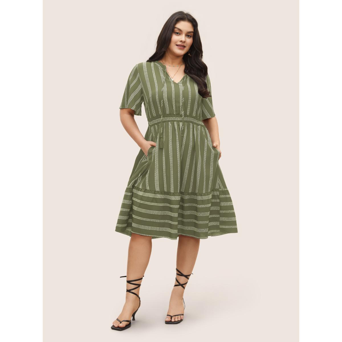 Plus Size Striped Patchwork Tassels Ties Shirred Dress Moss Women Boho Non V-neck Short sleeve Curvy Midi Dress BloomChic 14-16/1X Product Image